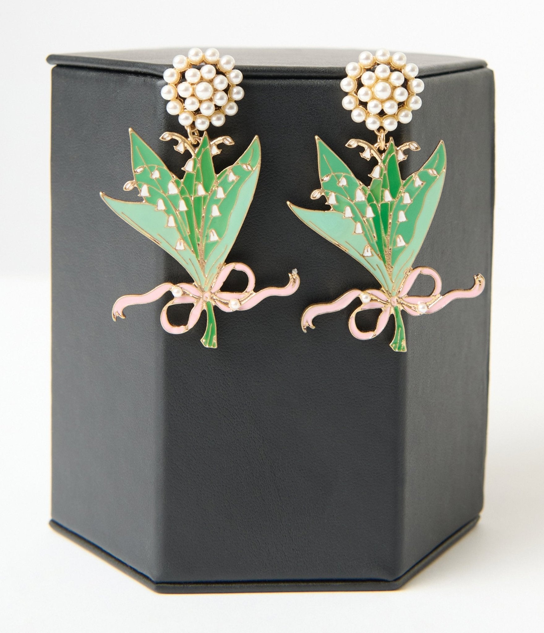 Pink & Green Lily of the Valley Enamel Bouquet Earrings