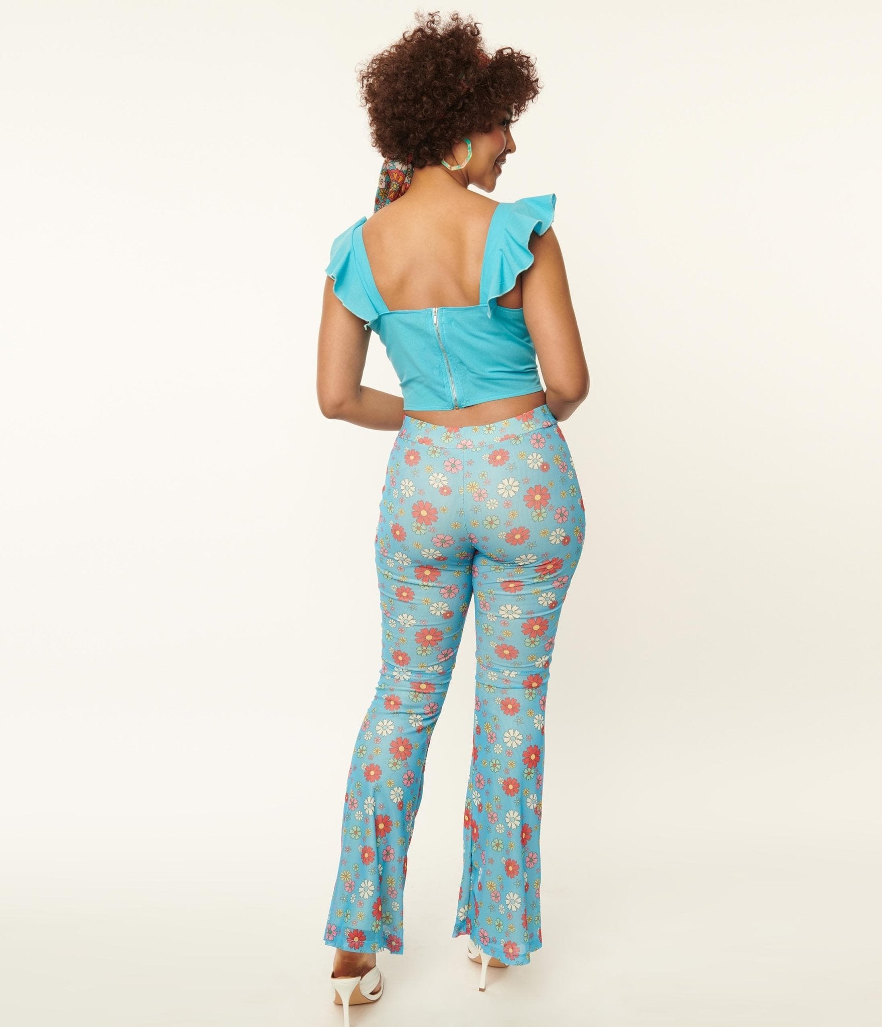 Blue & Multicolor Floral Mesh Flare Pants