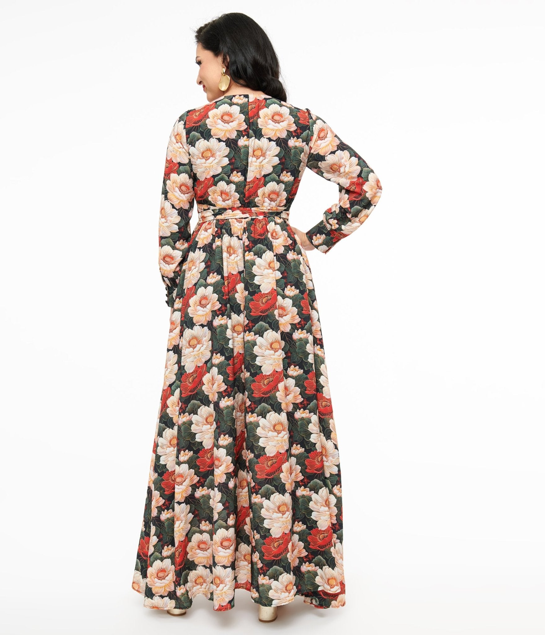 Unique Vintage 1970s White & Red Floral Farrah Maxi Dress