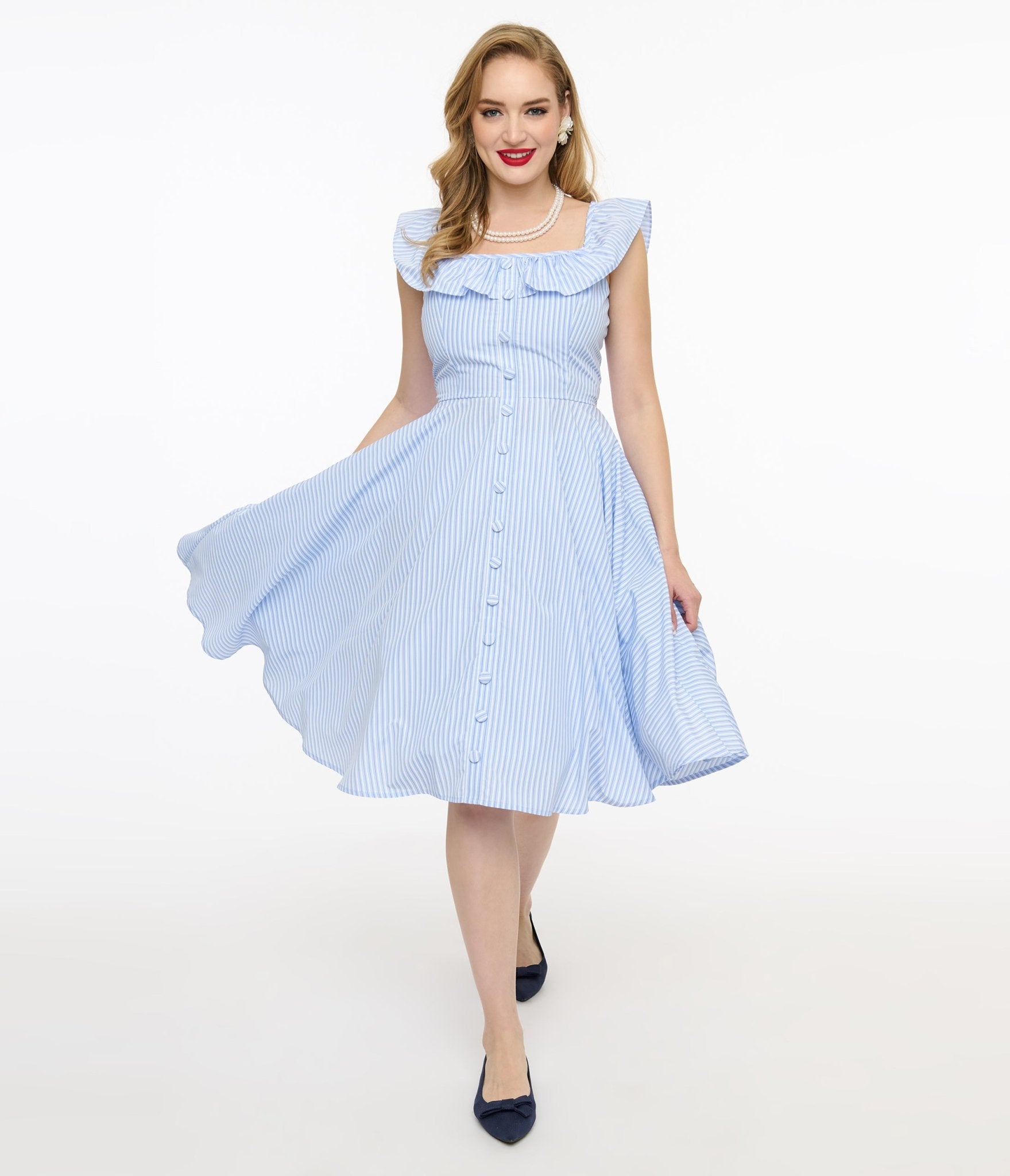 Magnolia Place 1950s Blue & White Stripe Barbara Swing Dress