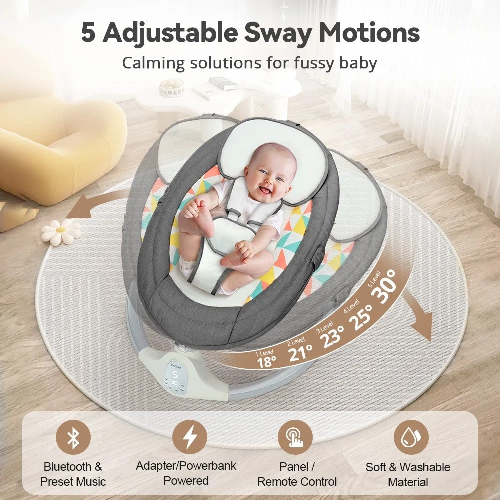 Novashion POA8202222 Baby Swing For Infants Unisex Infant Swing Chair w/ Remote Control Bluetooth Music, Gray