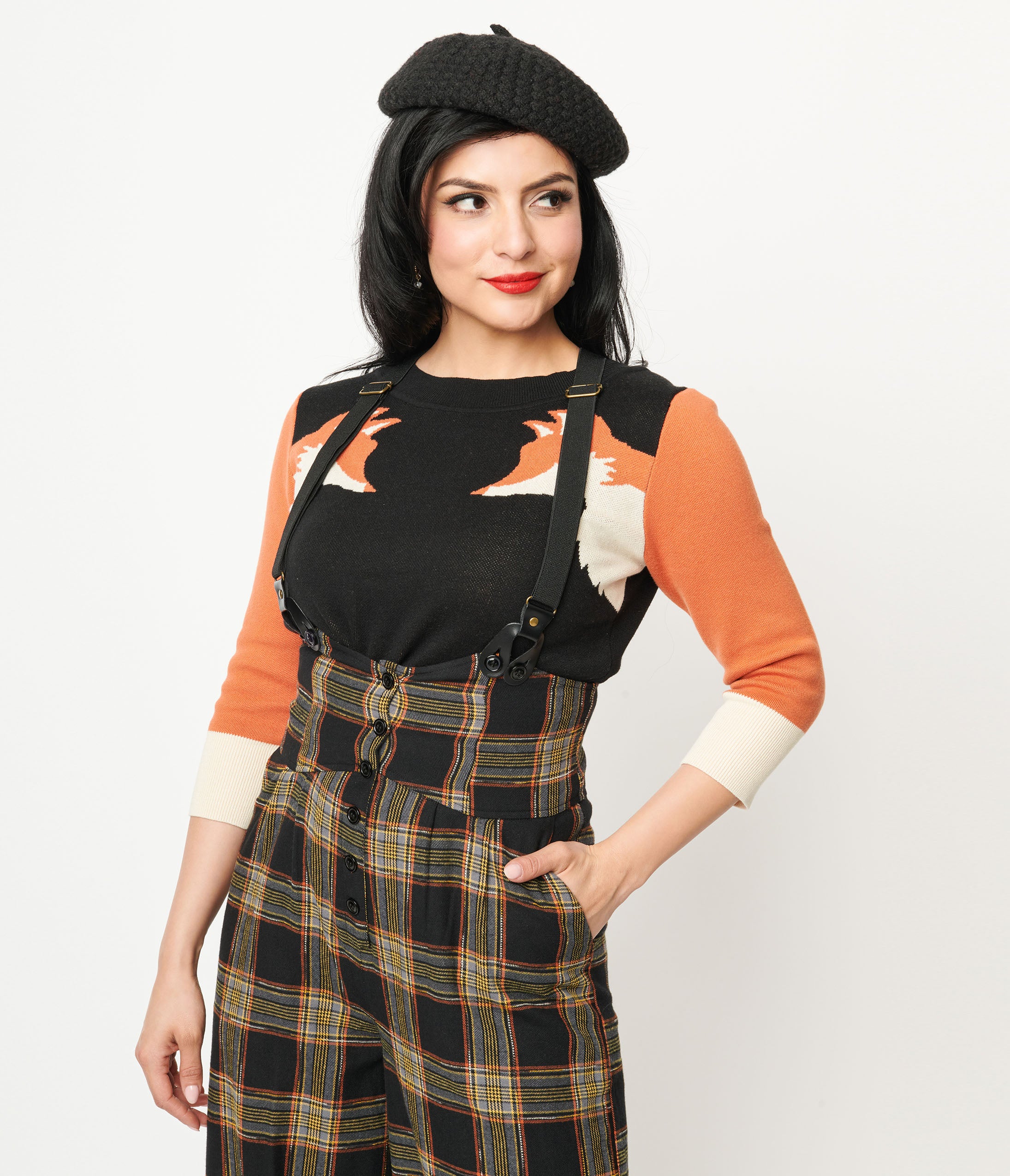 Unique Vintage Black & Orange Fox Sleeve Minou Sweater