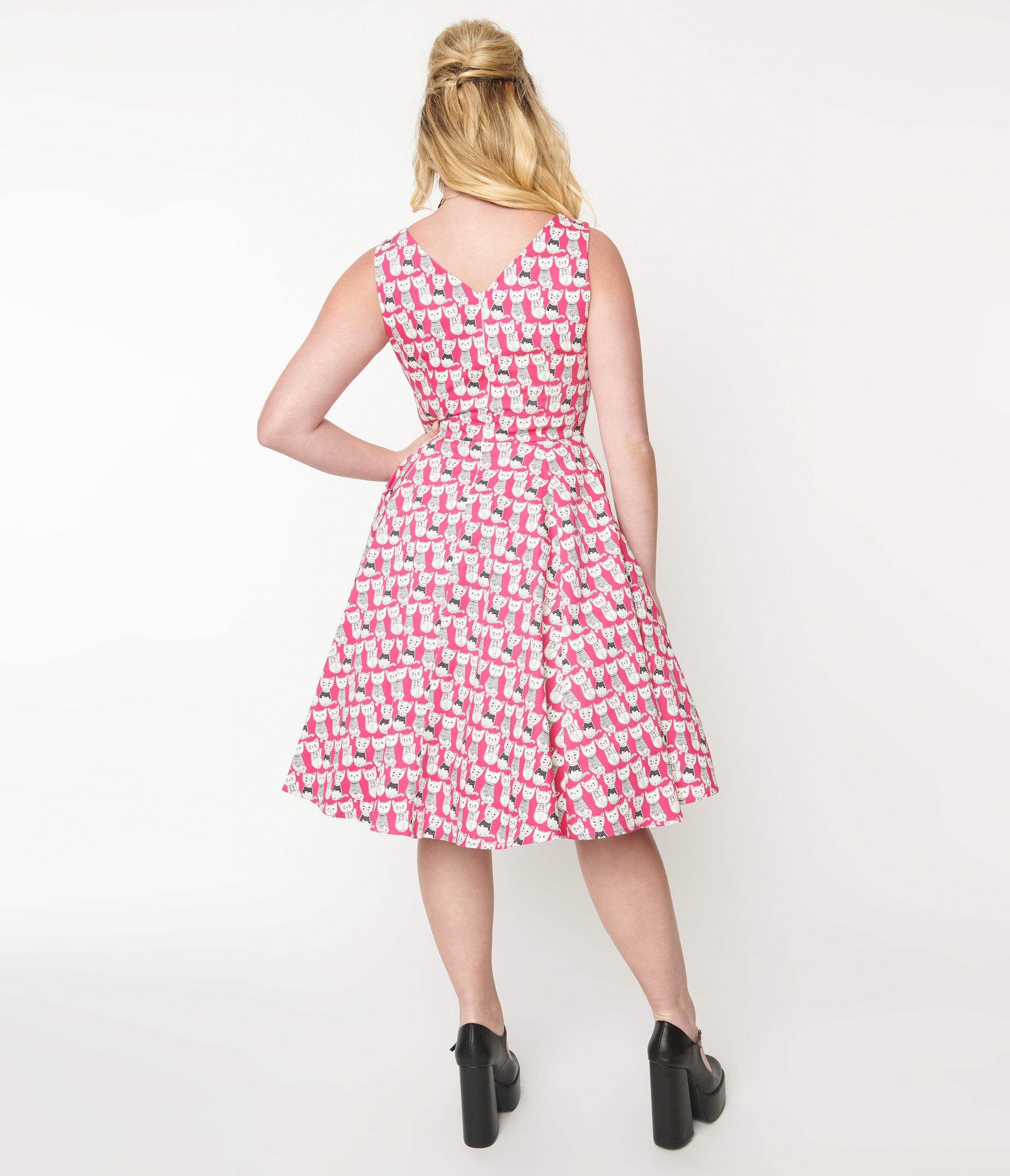 1950s Style Hot Pink Cat Print Sleeveless Swing Dress