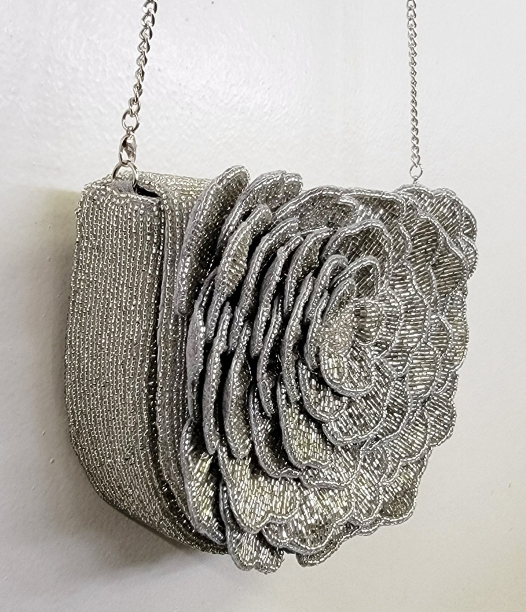 Silver Flower Beaded Crossbody Bag