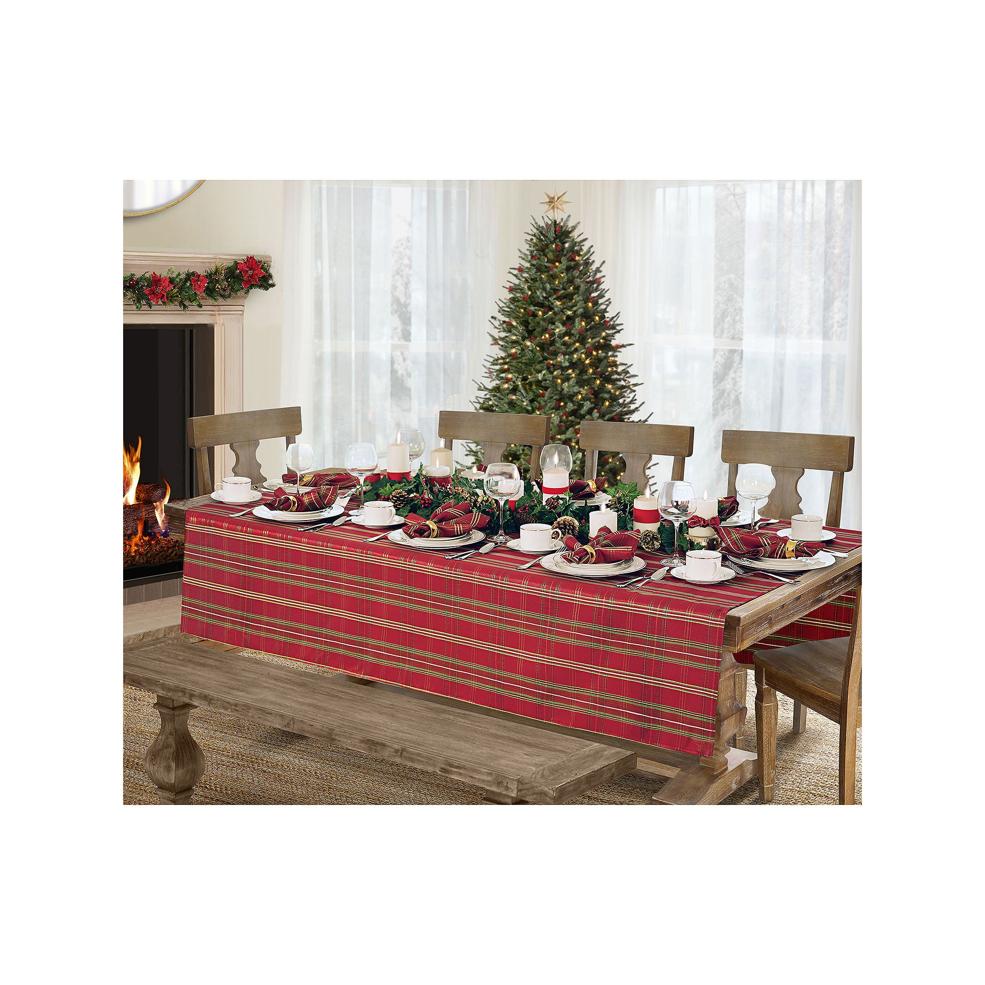 Elrene Home Fashions Shimmering Plaid Tablecloth - RED GREEN ONE SIZE