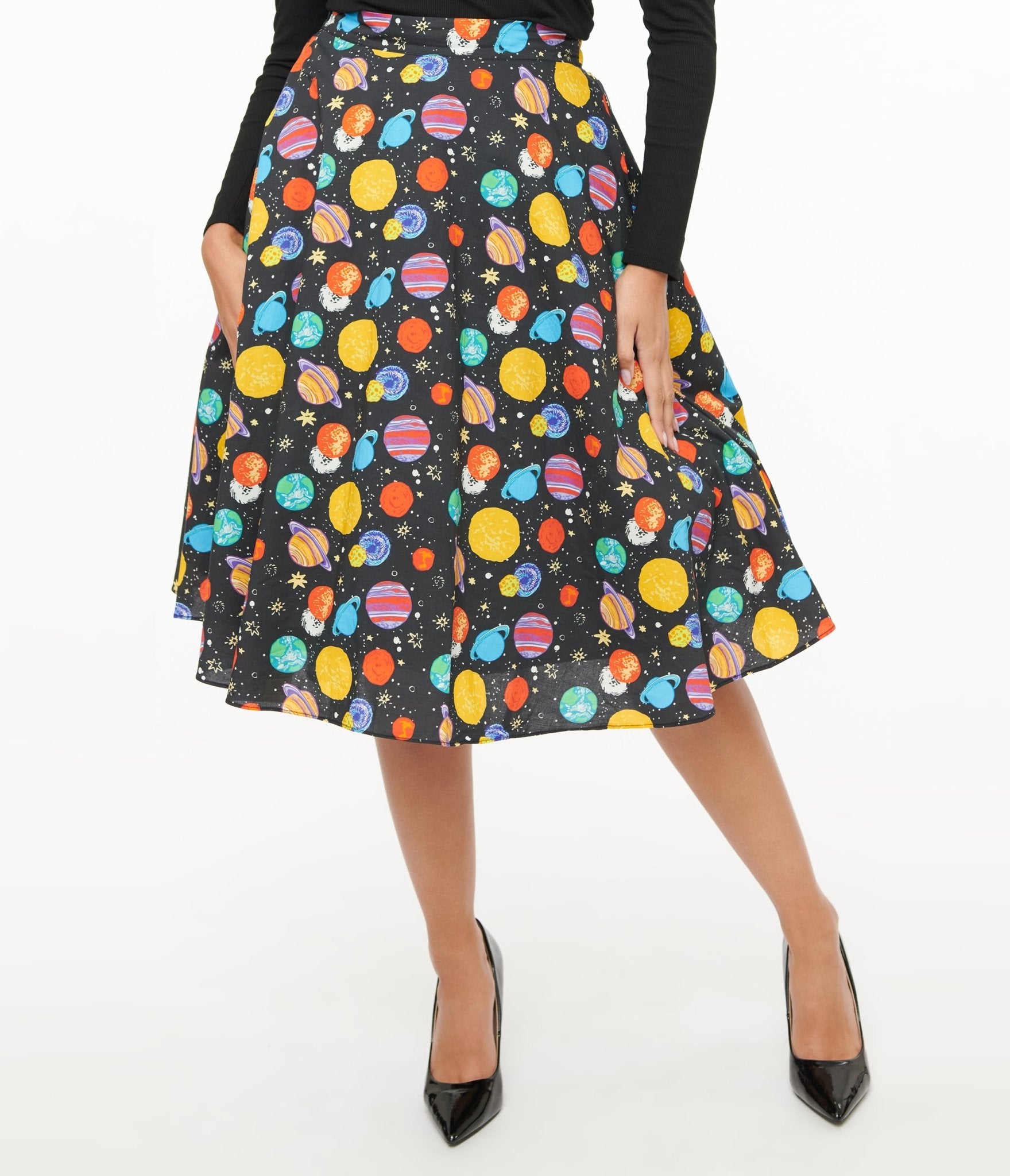 Black & Multicolor Planets Cotton Skirt