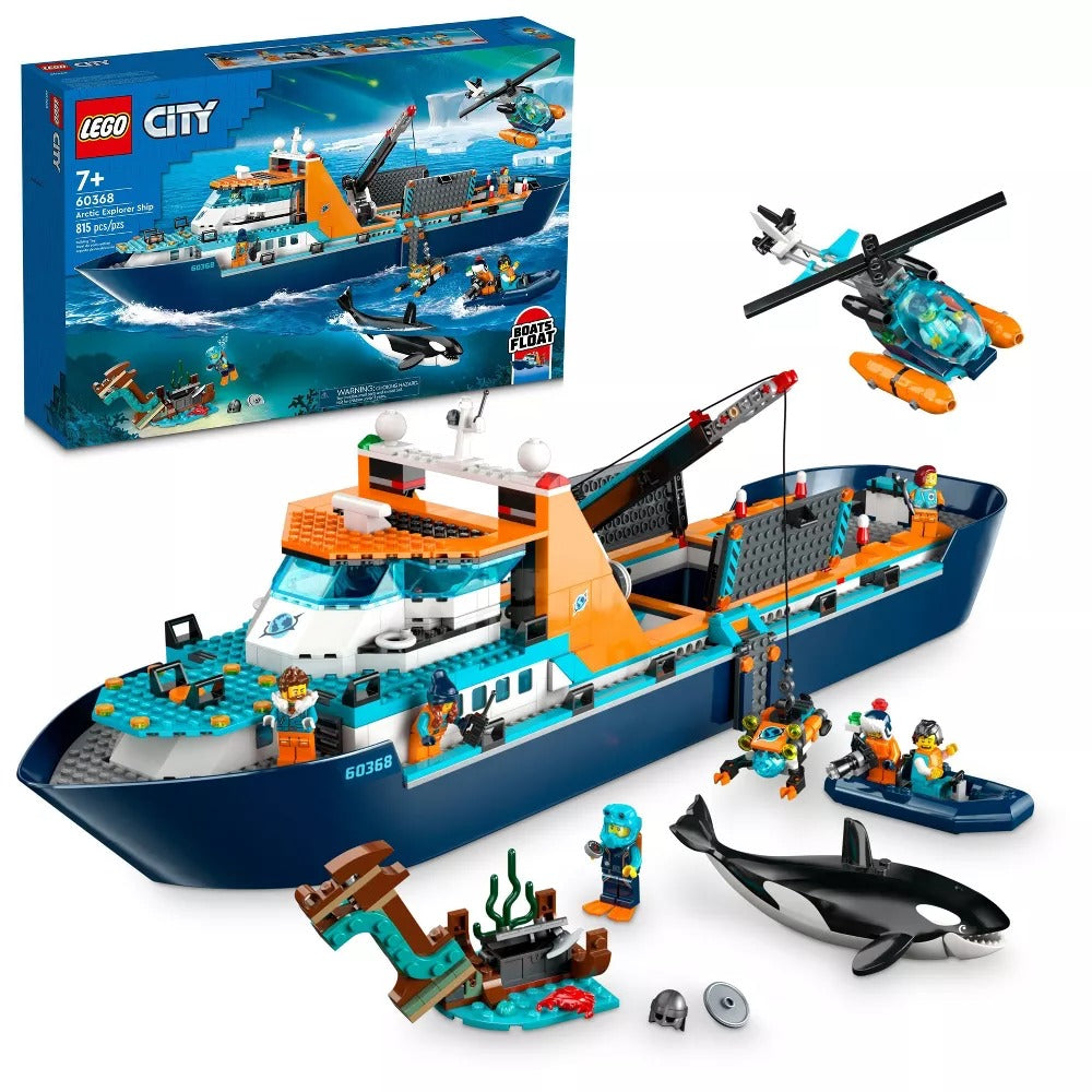 LEGO 6425819 City Arctic Explorer Ship 60368 Building Toy Set, Fun Toy Gift for 7 Year Old Boys and Girls, with a Floatable Boat, Helicopter, Dinghy, ROV Sub, Viking Shipwreck, 7 Minifigures and an Or