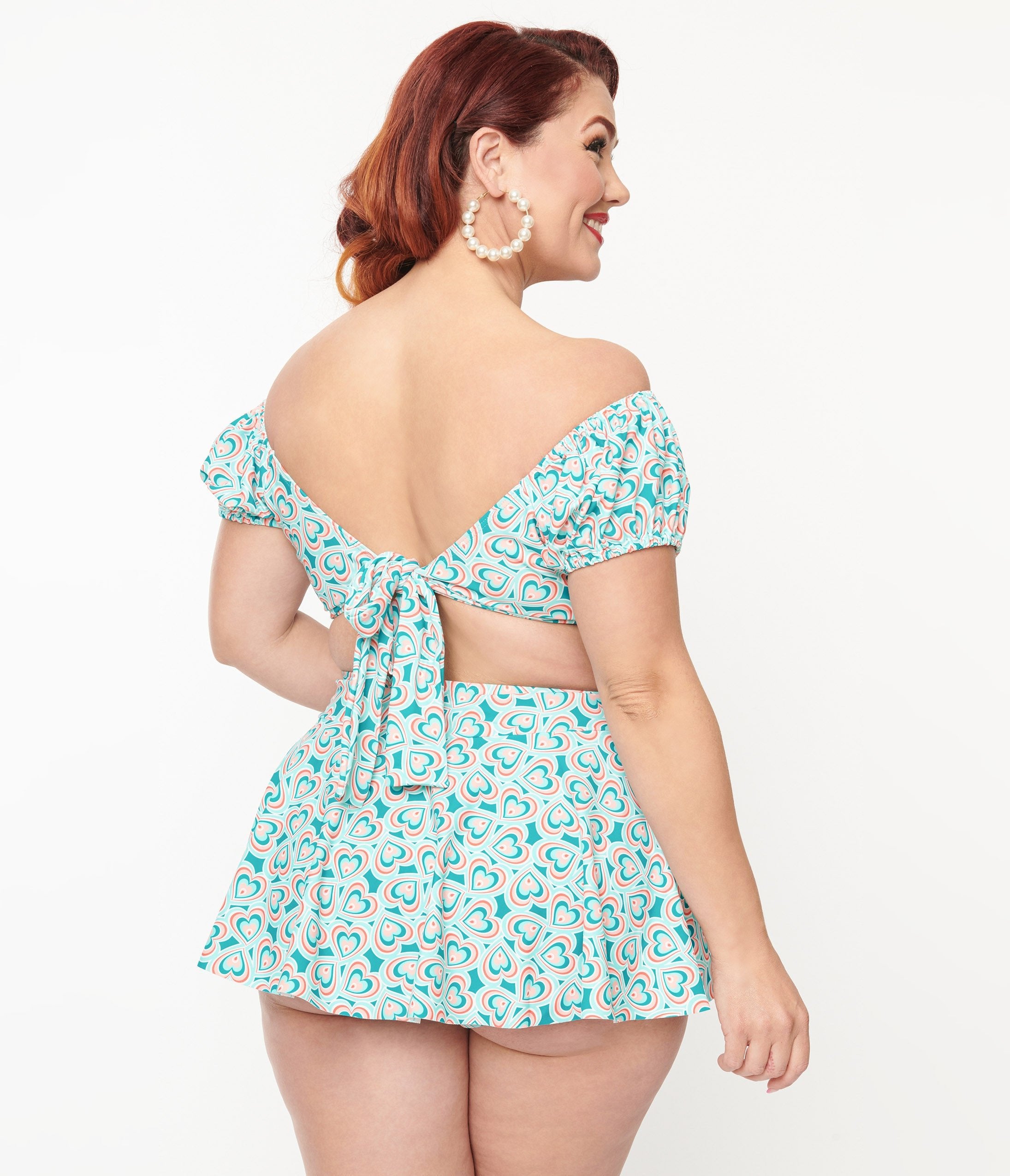 Unique Vintage Plus Size 1940s Turquoise Retro Hearts Off The Shoulder Swim Top