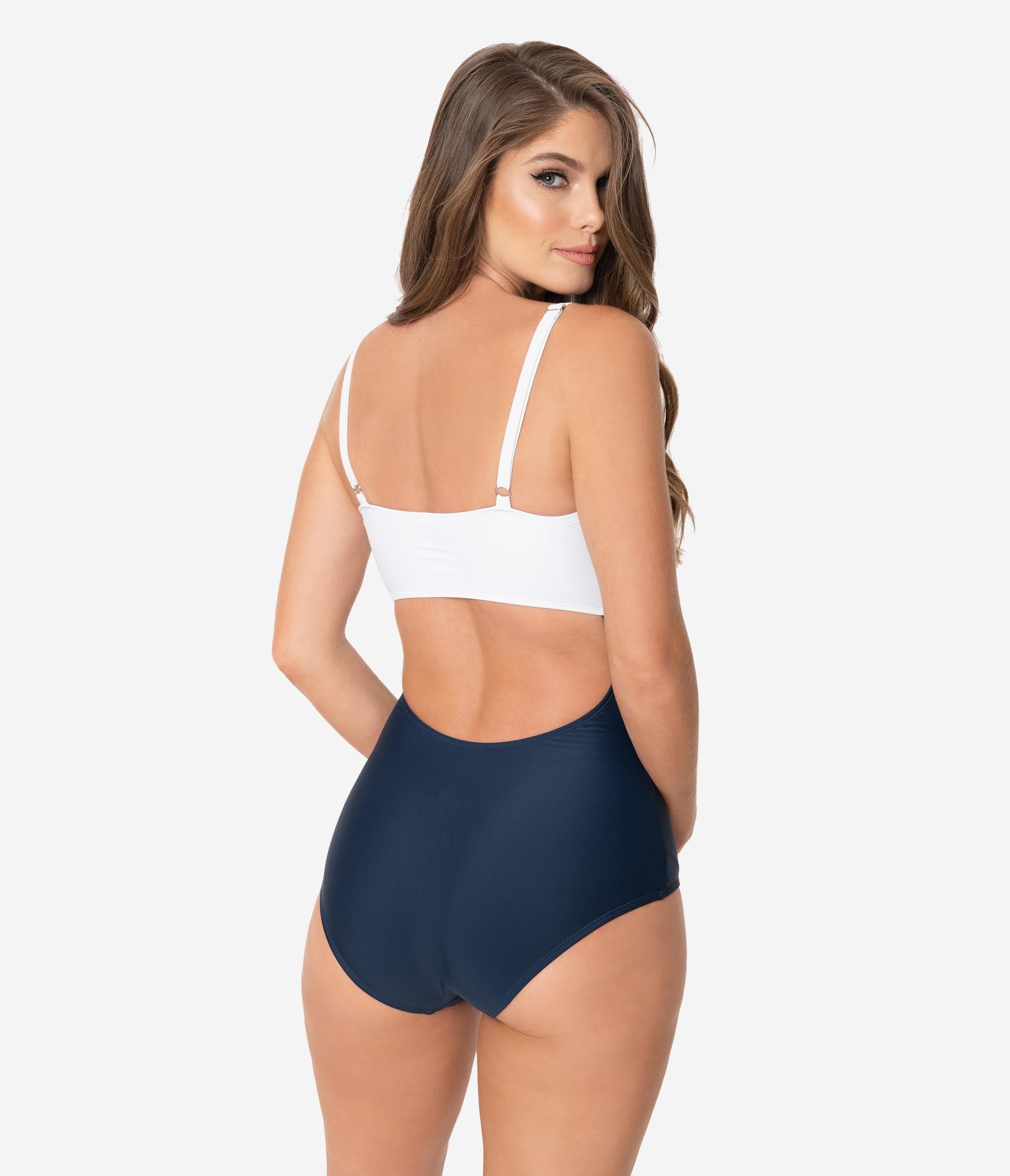 Unique Vintage Navy Blue & White Sweetheart Bow Avila Swimsuit