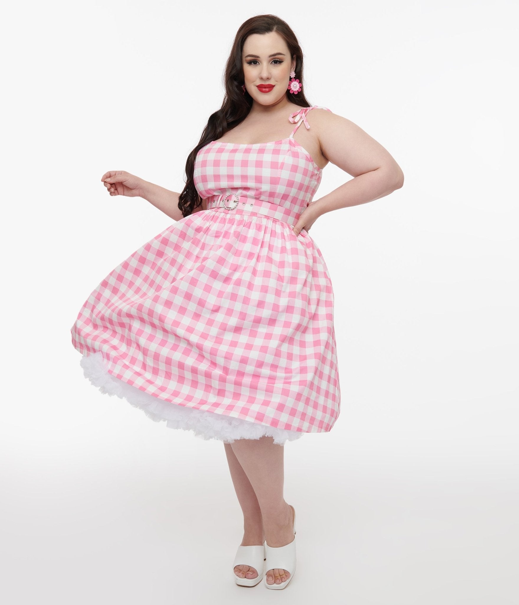 Unique Vintage Plus Size Pink & White Gingham Bobbie Swing Dress