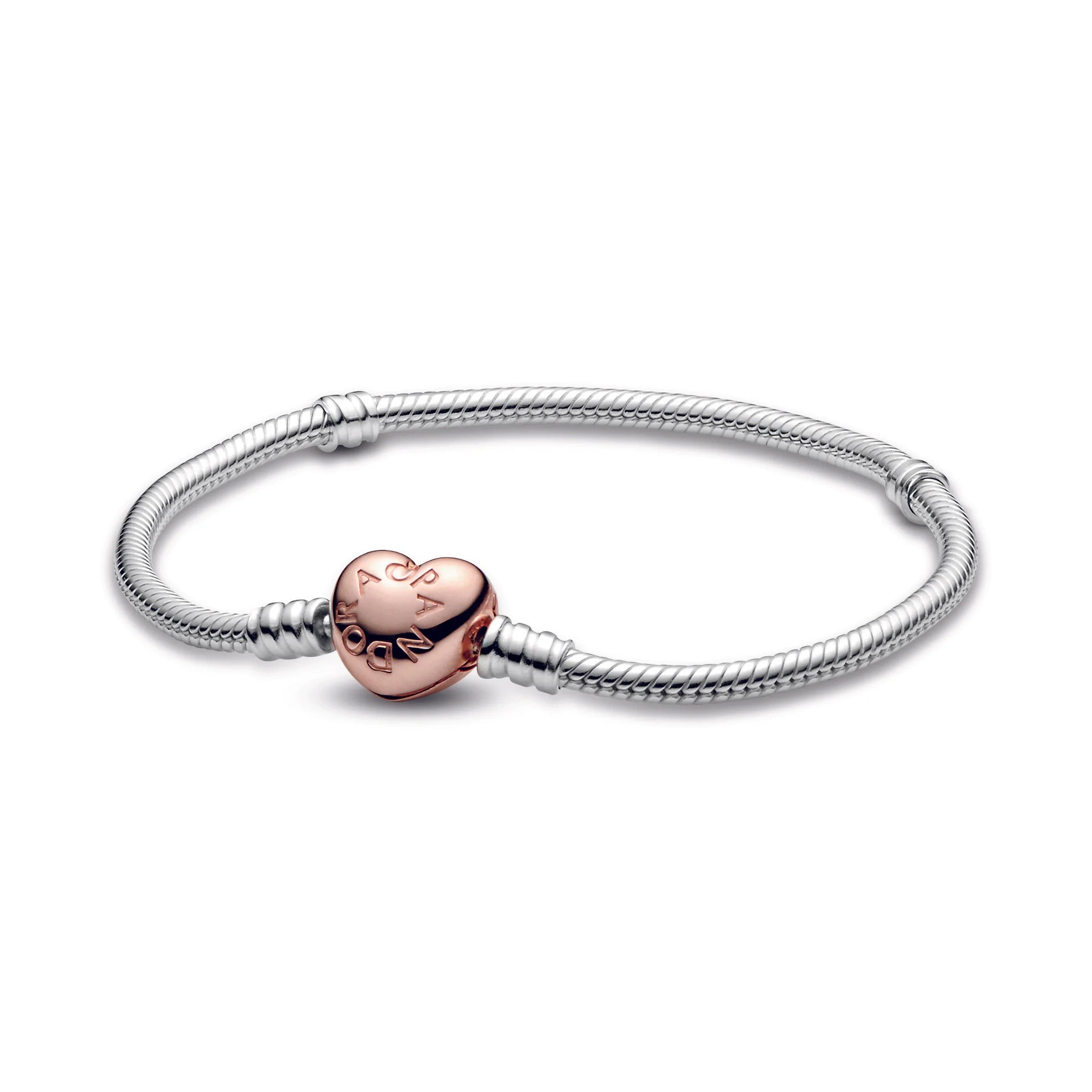 Pandora Moments Women's Sterling Silver Snake Chain Charm Bracelet with Rose Gold Heart Clasp