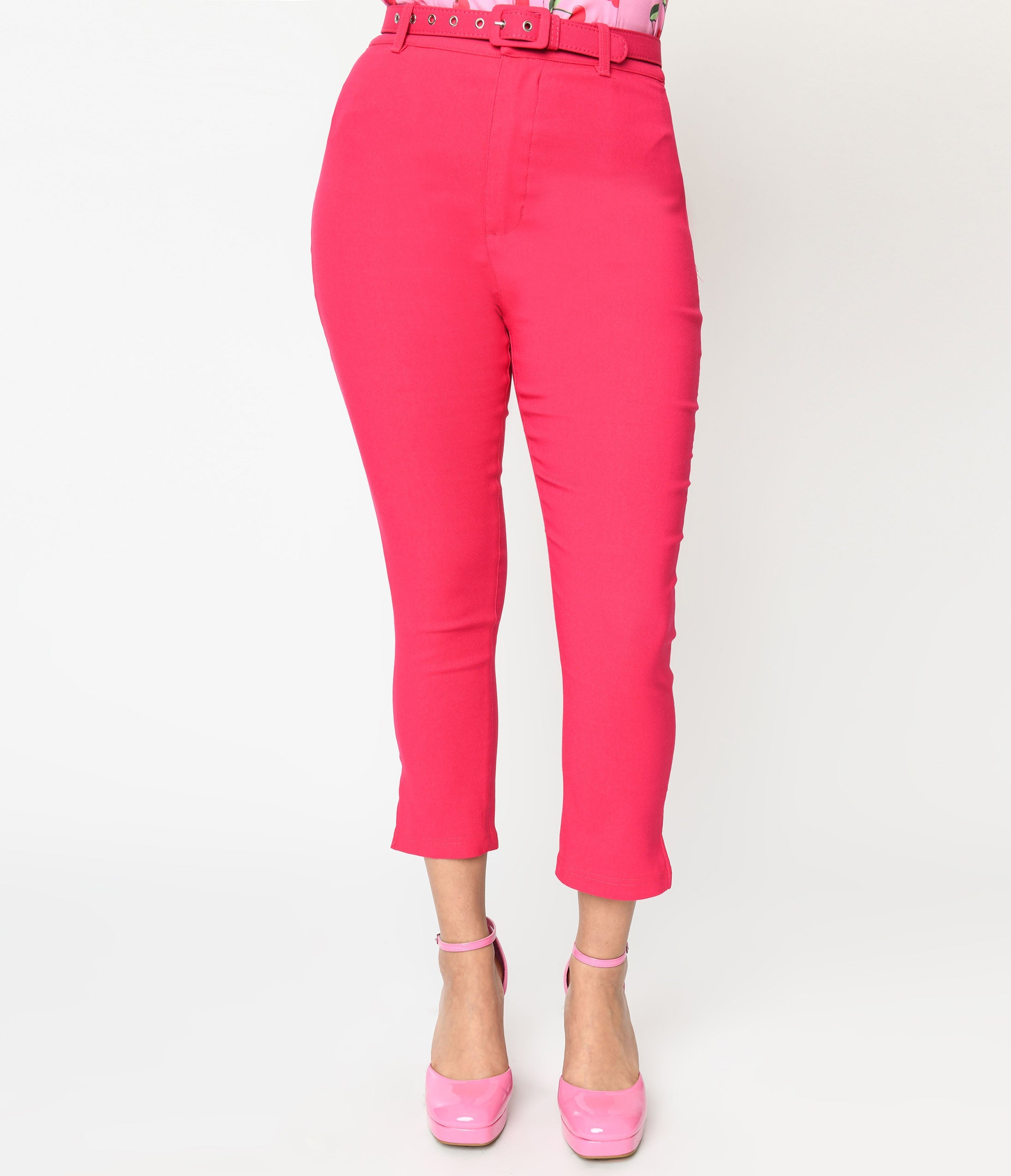 Unique Vintage Hot Pink Belted High Waist Rachelle Capri Pants