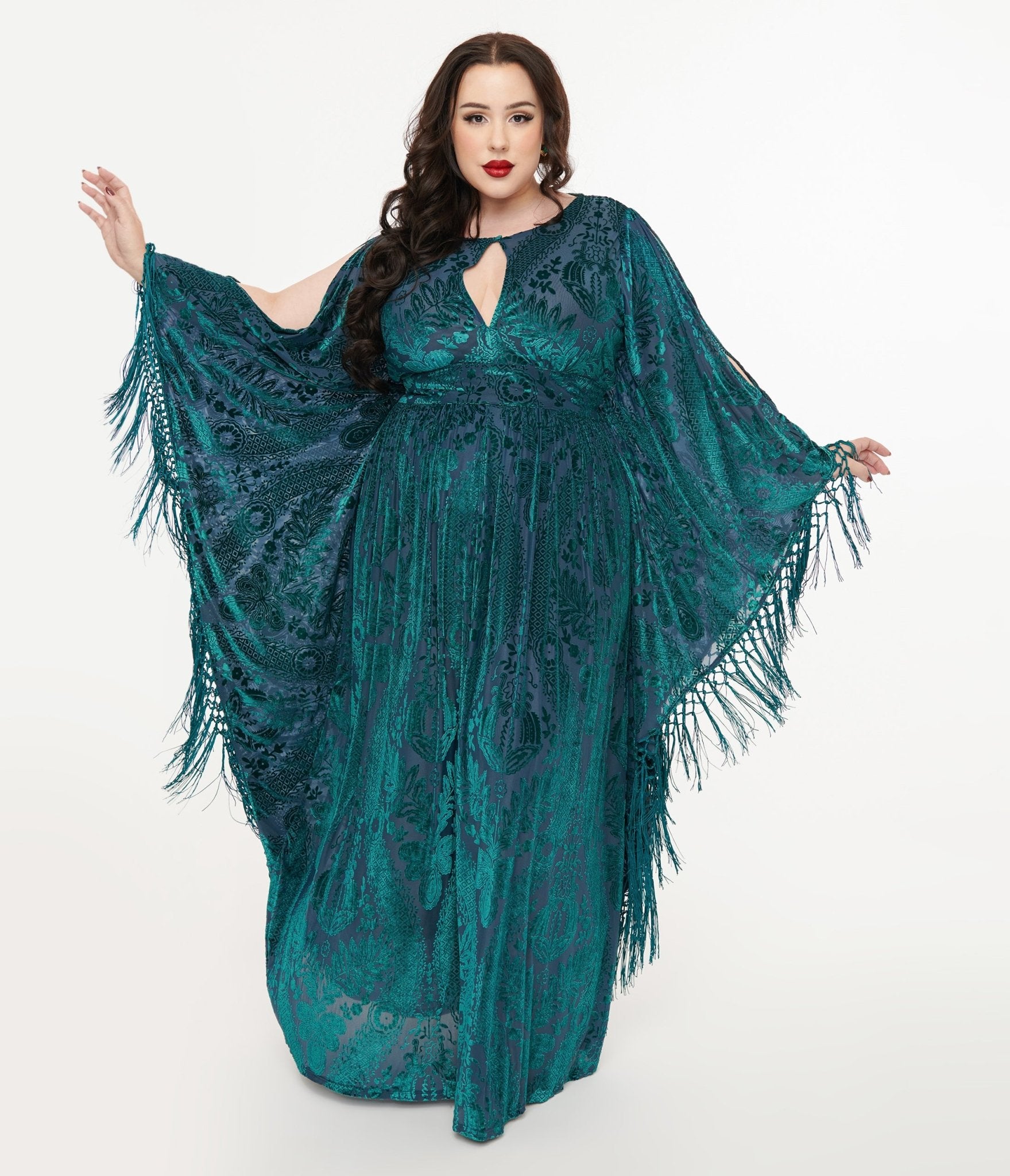 Unique Vintage Plus Size Emerald Floral Fringe Flutter Sleeve Caftan