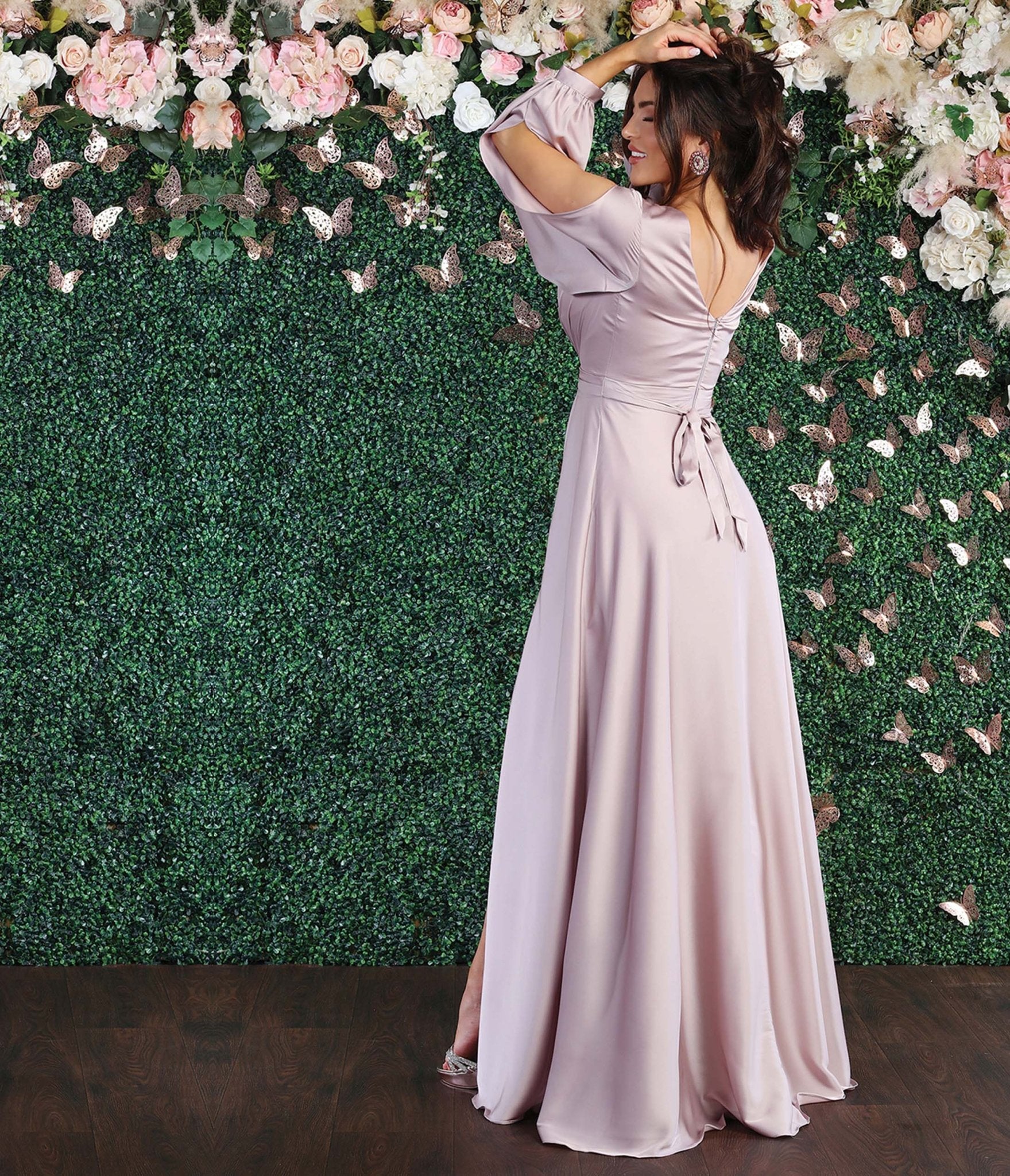 Mauve Satin Long Sleeve Goddess Gown