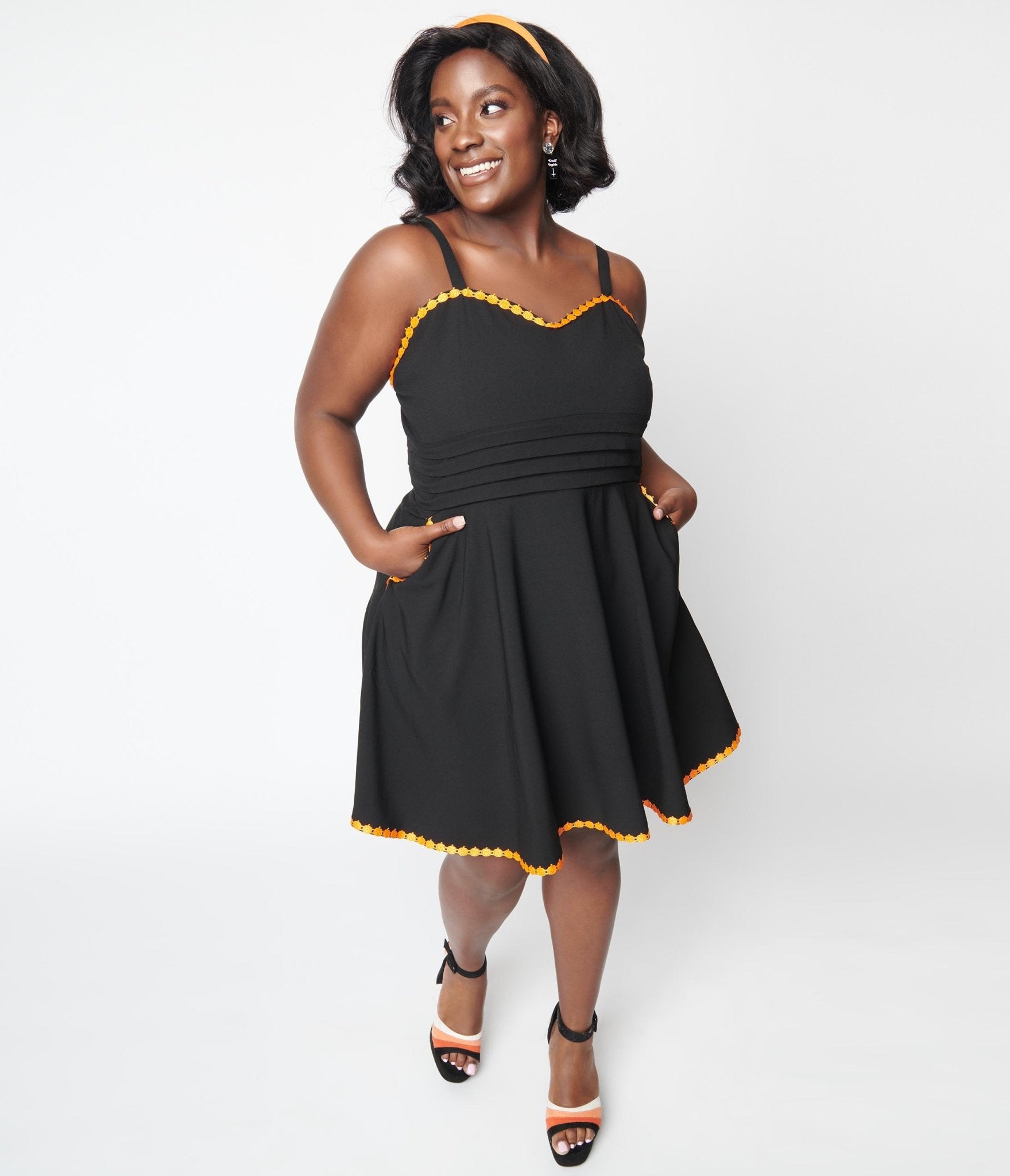 Unique Vintage Black & Pumpkin Trim Follow Your Heart Fit & Flare Dress