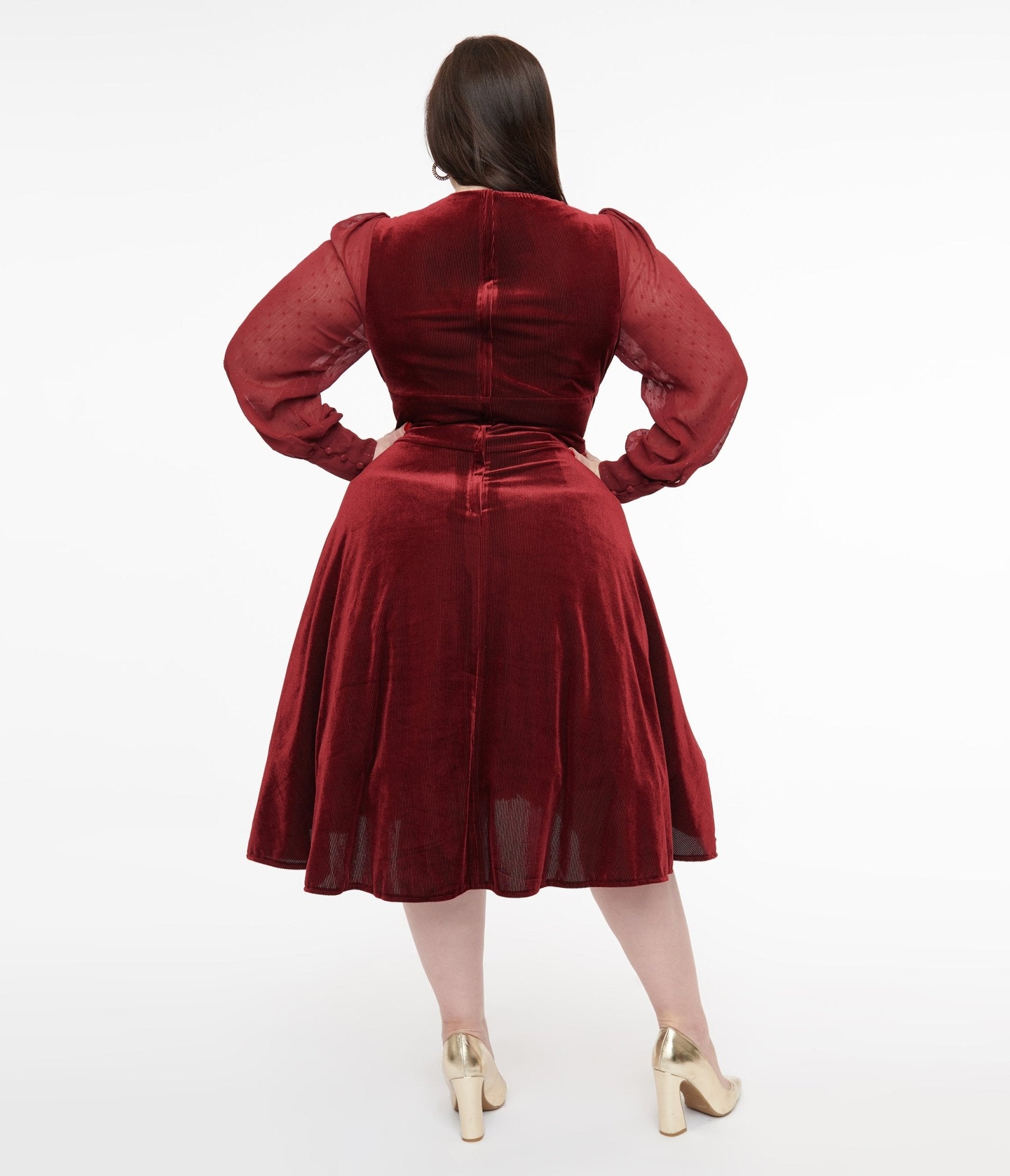 Unique Vintage Plus Size 1950s Berry Velvet Sheer Sleeve Delores Swing Dress