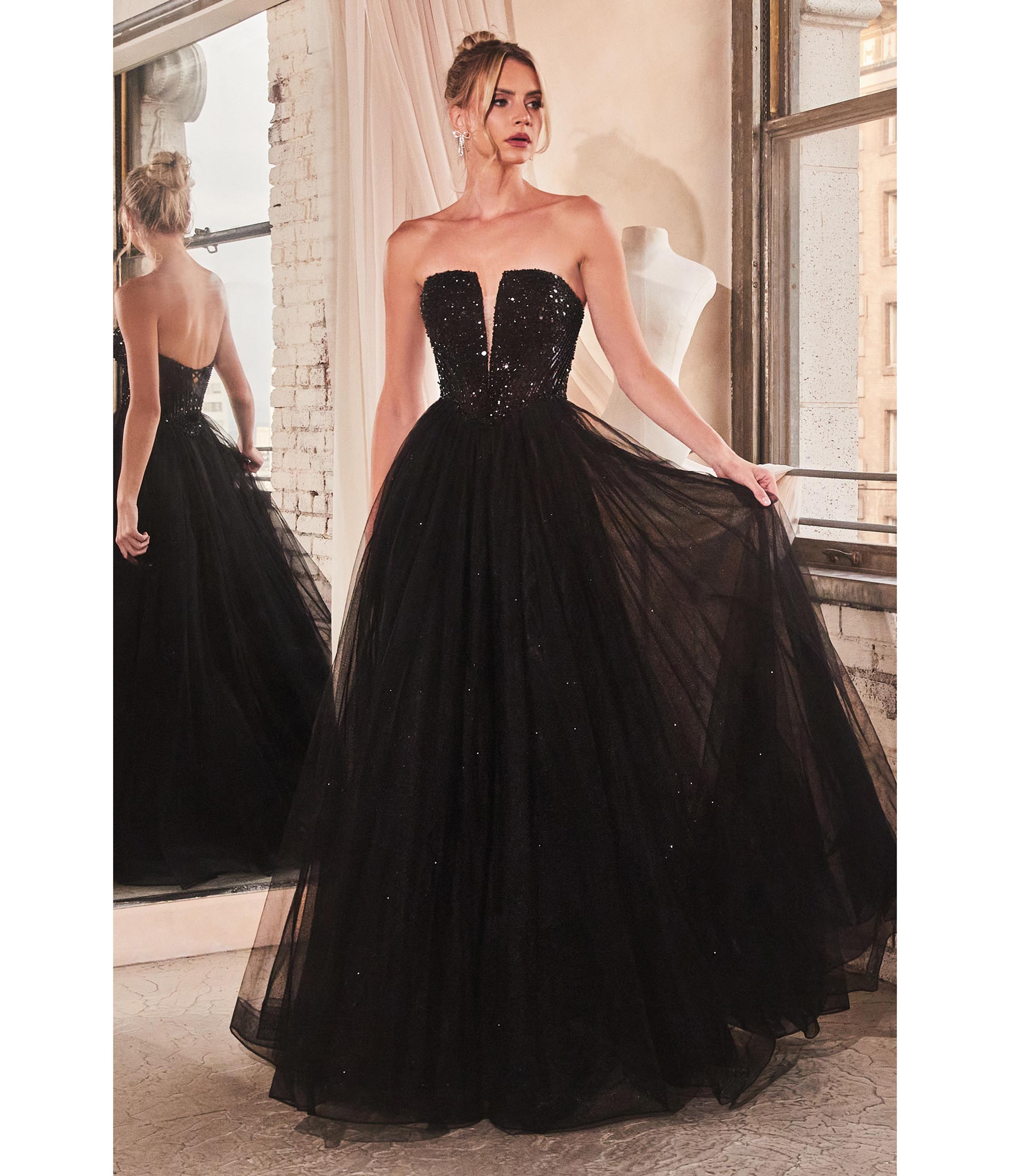 Ladivine by Cinderella Divine Black Glitter Bodice & Tulle Prom Ball Gown