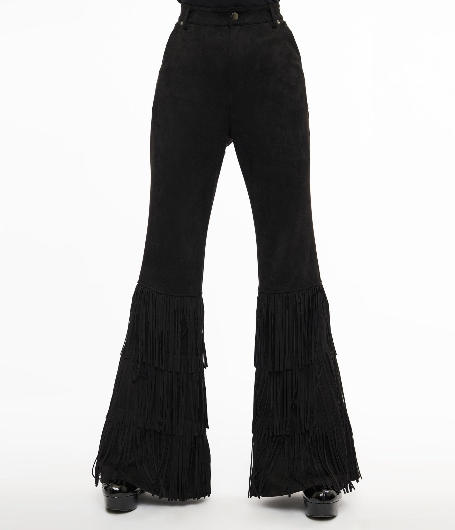 Smak Parlour 1970s Black Suede Tassel Flare Pants