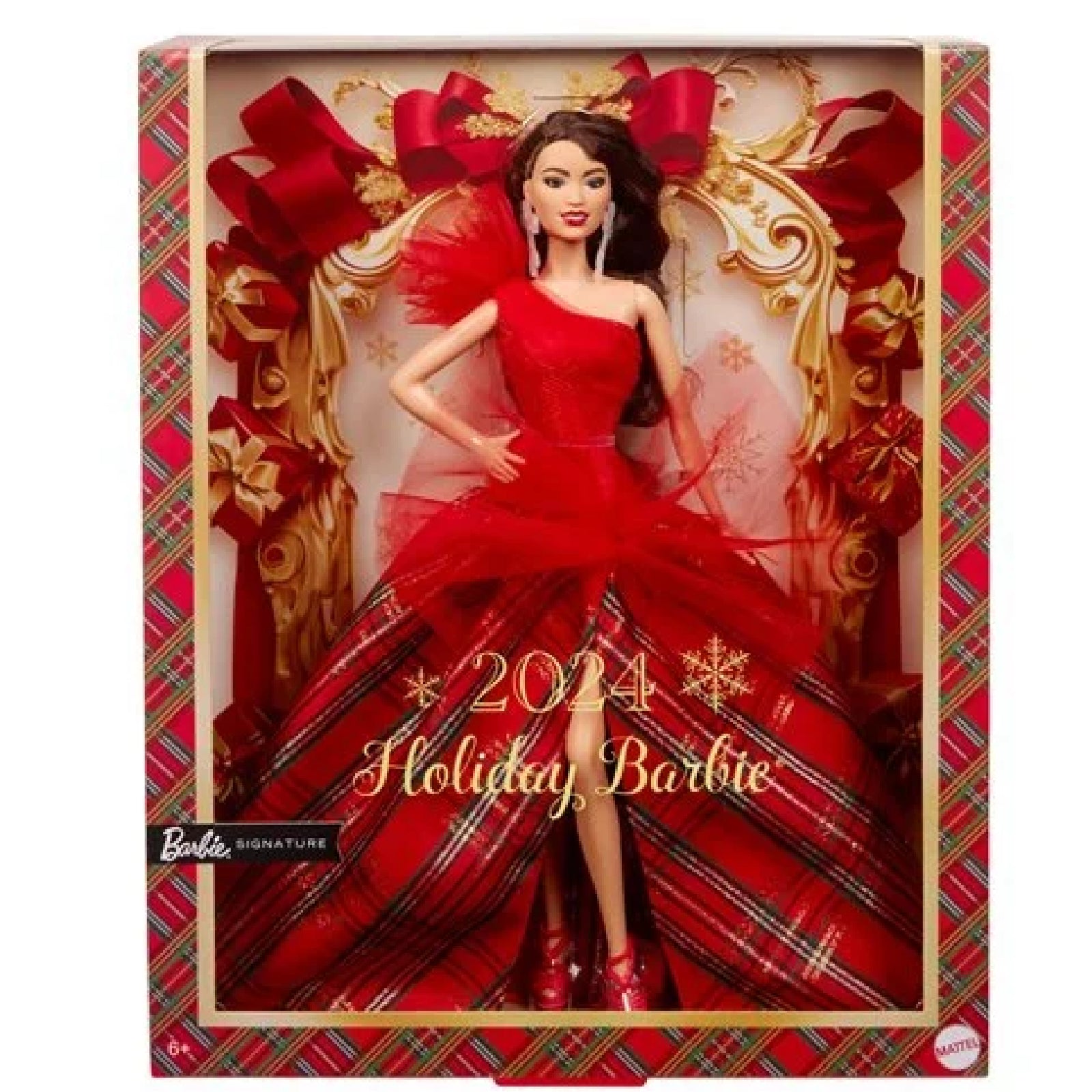 barbie HRM68 2024 Holiday Barbie Dolls, Seasonal Collector Toy, Barbie Signature, Plaid Gown with Red Bow, Displayable Packaging, Dark Brown Hair