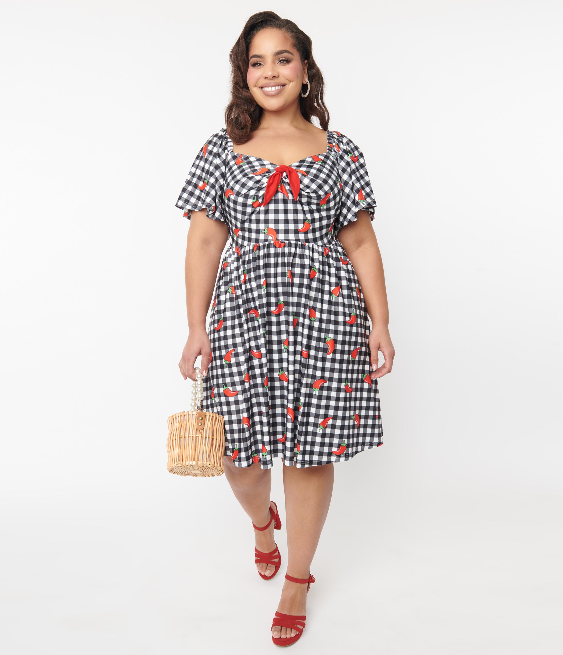 Unique Vintage 1950s Curve Black & White Chili Pepper Gingham Swing Dress