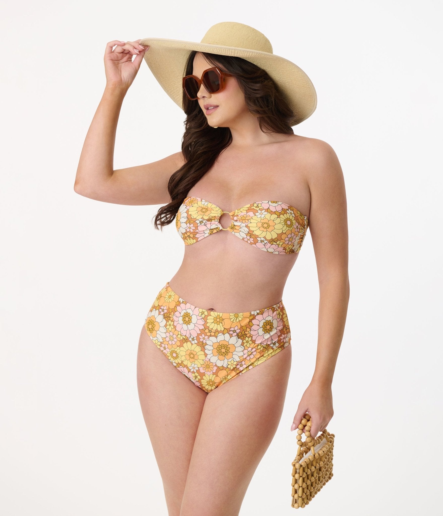 Magnolia Place 1970s Mustard Floral Print Two Piece Swimsuit