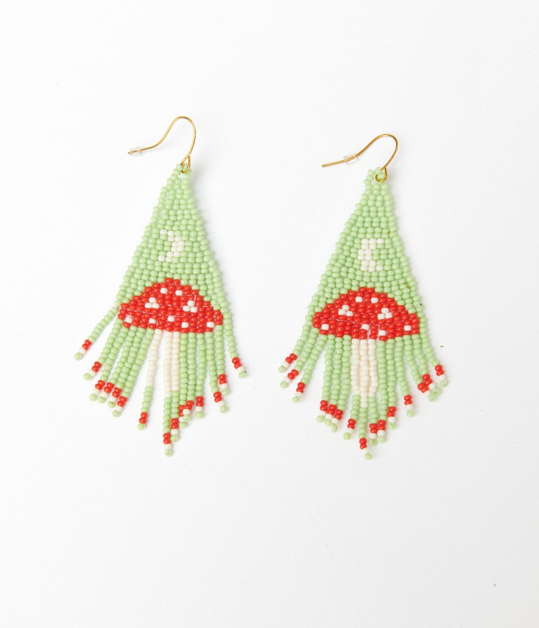 Mint & Red Mushroom Beaded Earrings