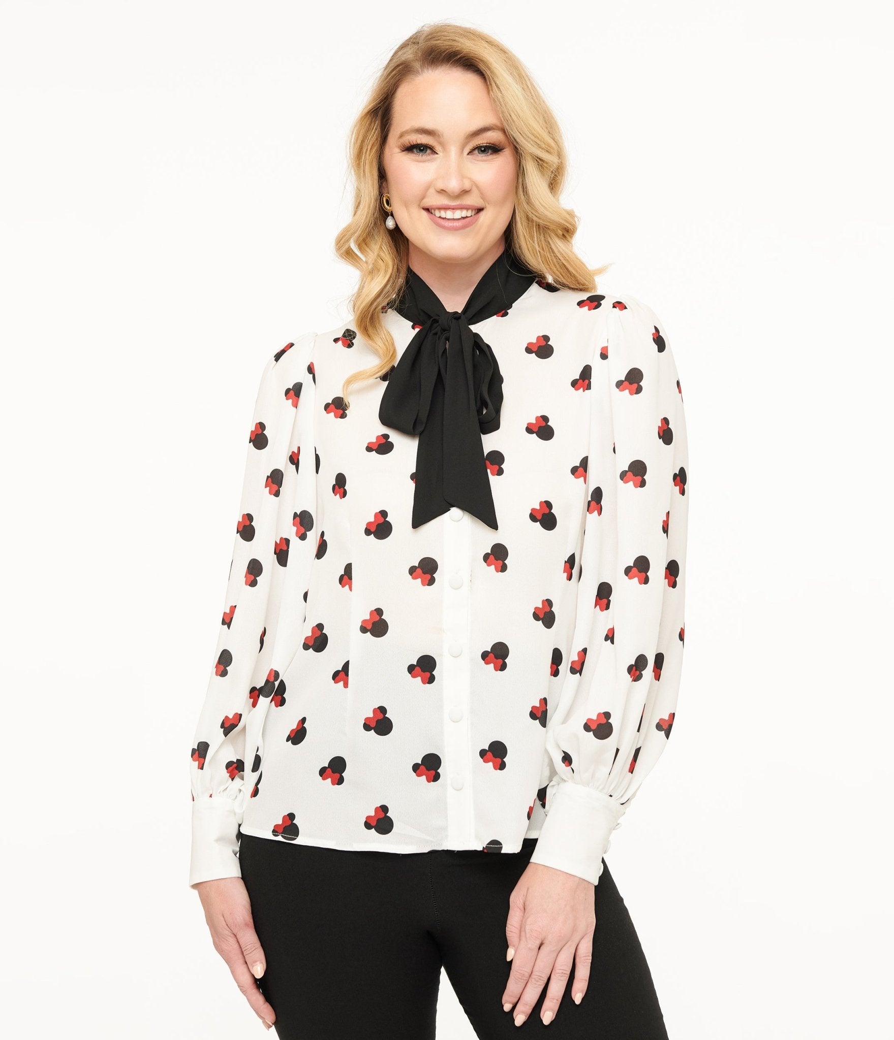 Disney Mickey & Friends Collection by Unique Vintage White Minnie Mouse Stamp Print Gwen Blouse