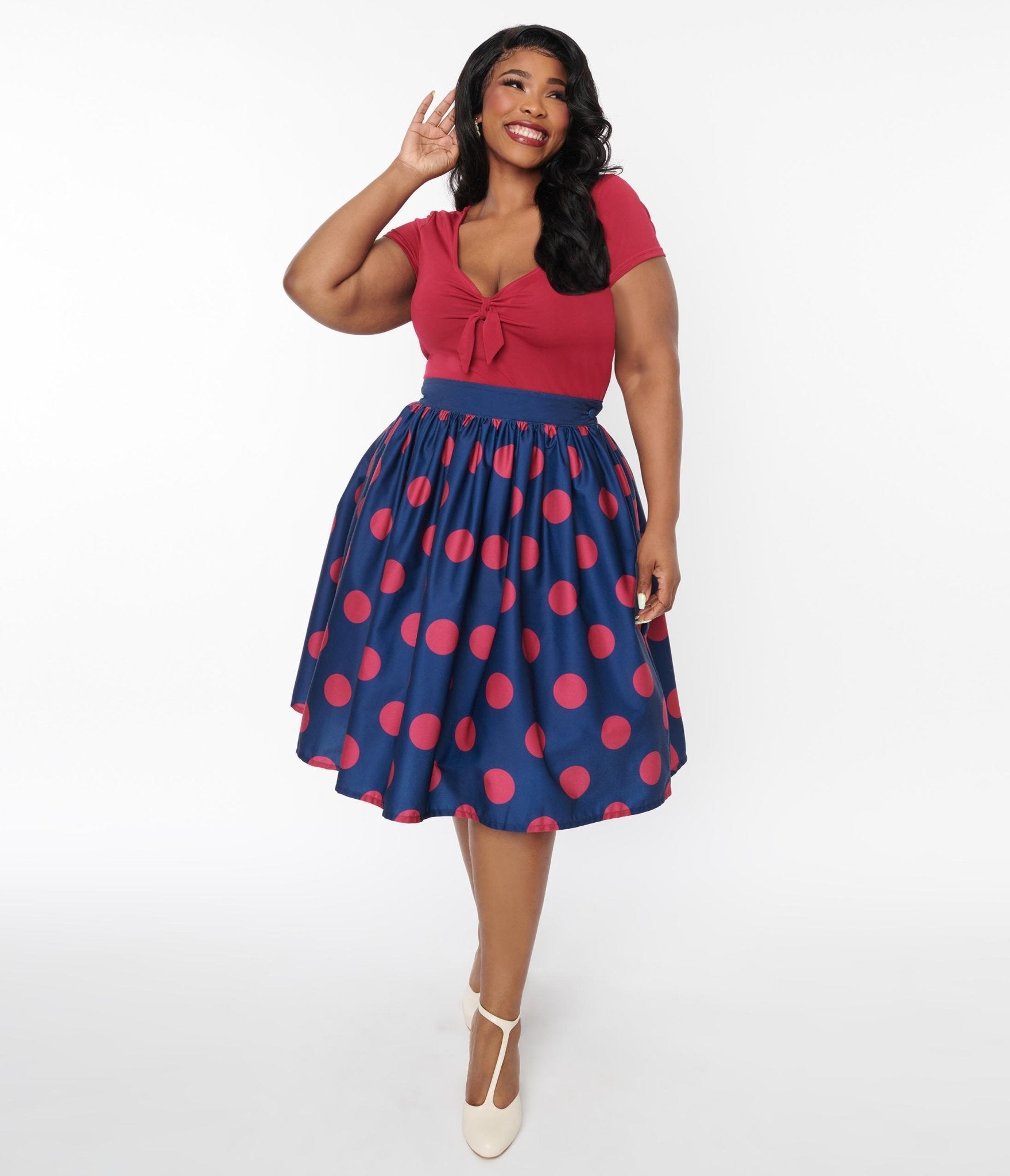 Unique Vintage Navy & Berry Polka Dot Gellar Swing Skirt