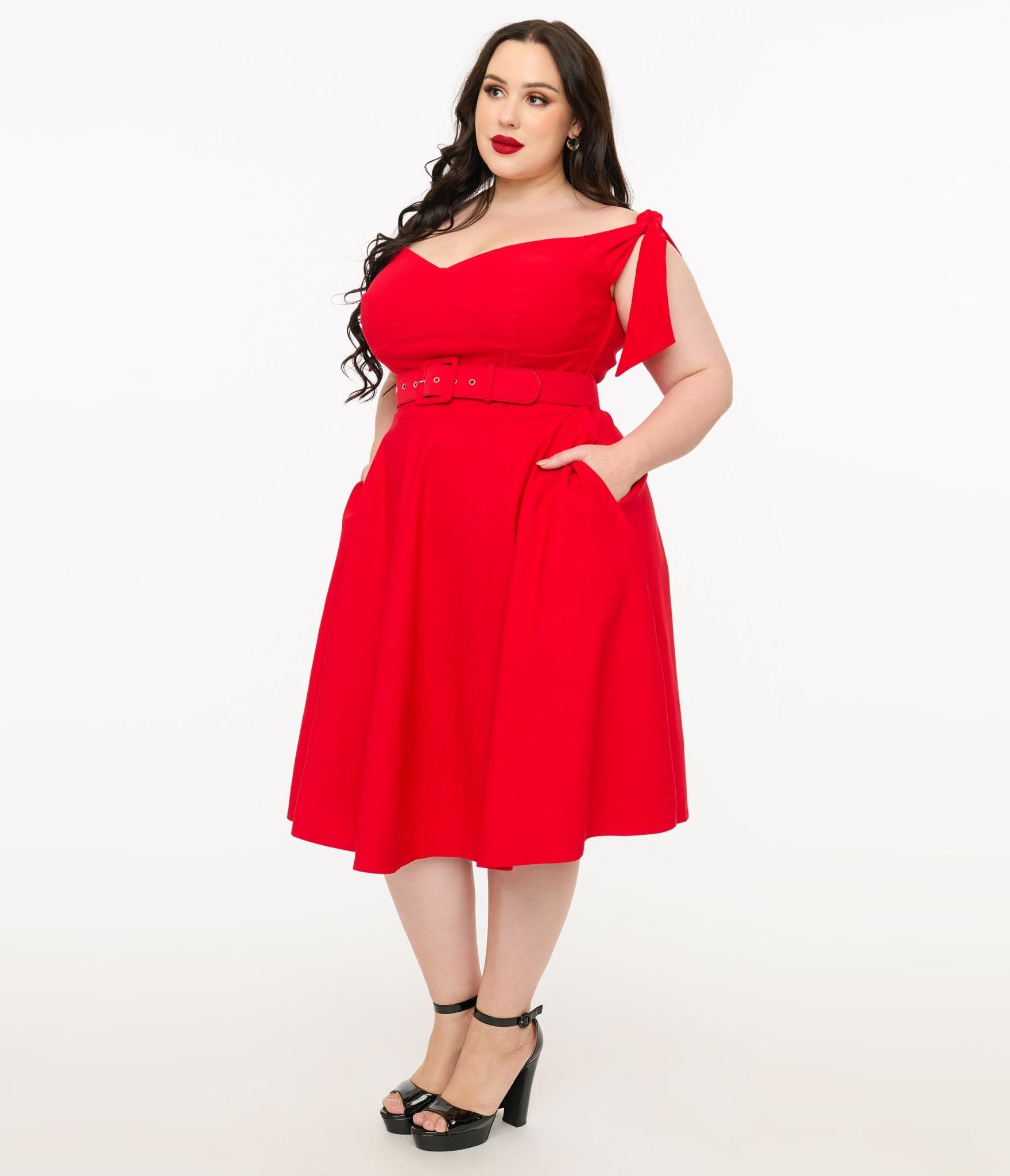 Unique Vintage Plus Size 1960s Red Off The Shoulder Swing Dress