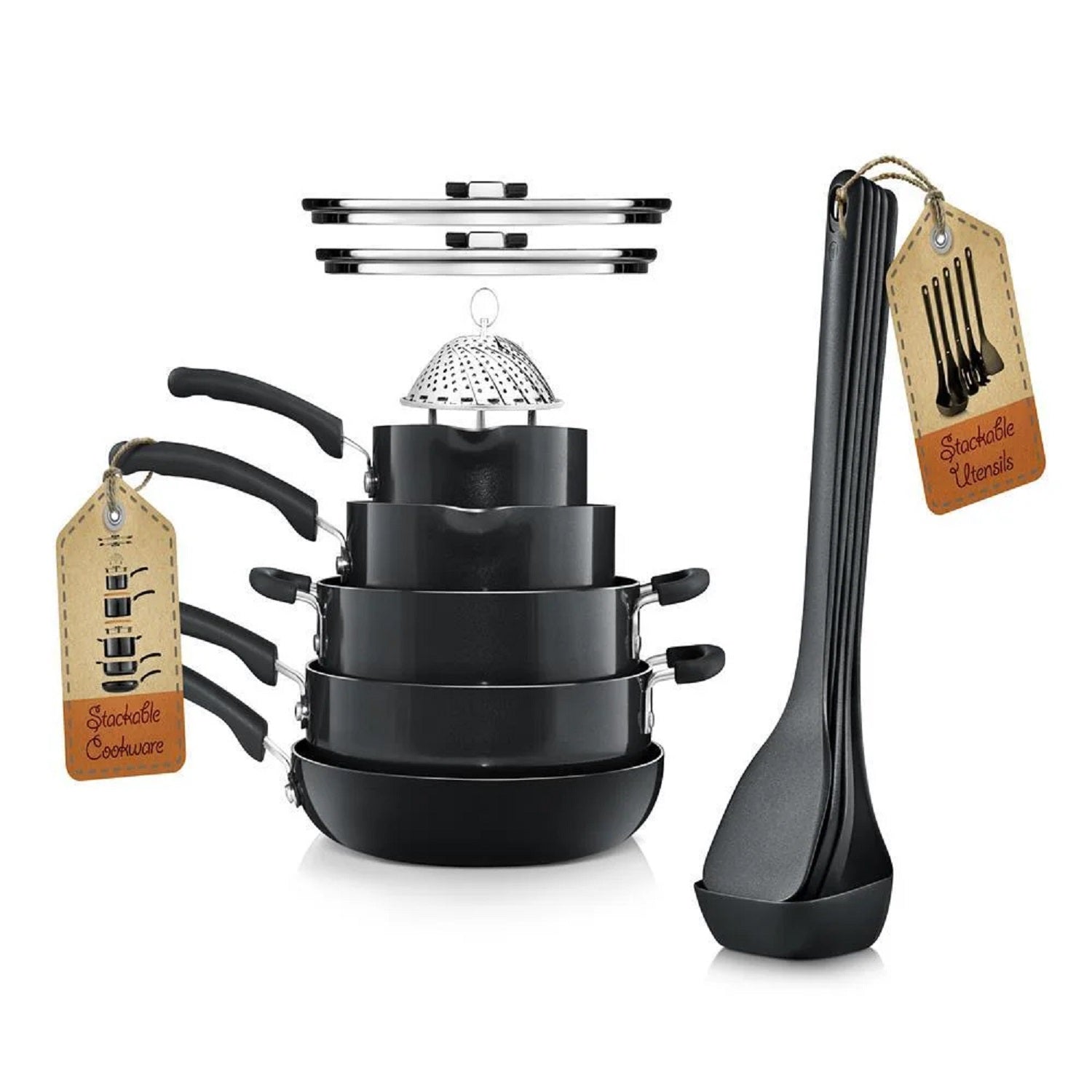 NutriChef NCCWSTKBLK Kitchenware 17 Piece Non-Stick Cookware Set, Black