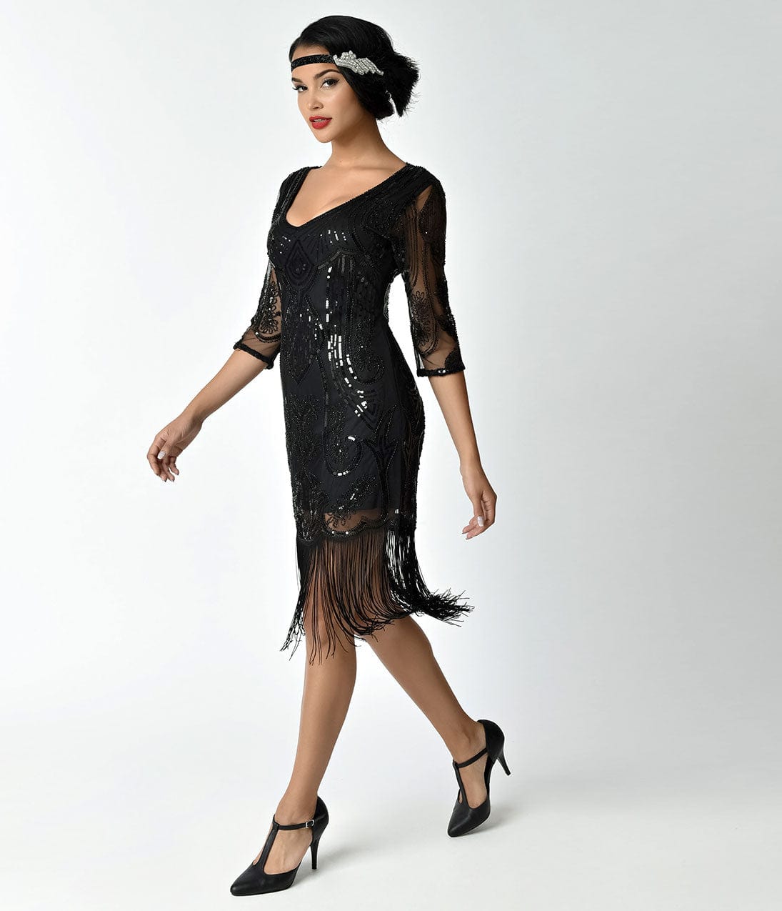 Unique Vintage 1920s Black Beaded & Sequin Margaux Sleeved Fringe Cocktail Dress