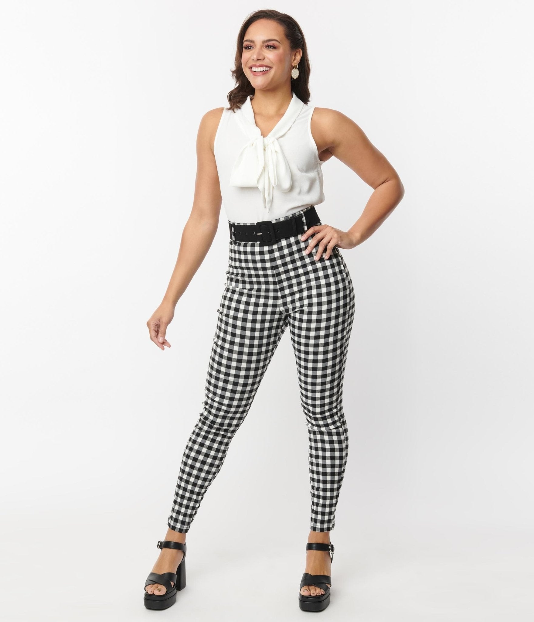 Unique Vintage Black & White Gingham Belted Rizzo Pants