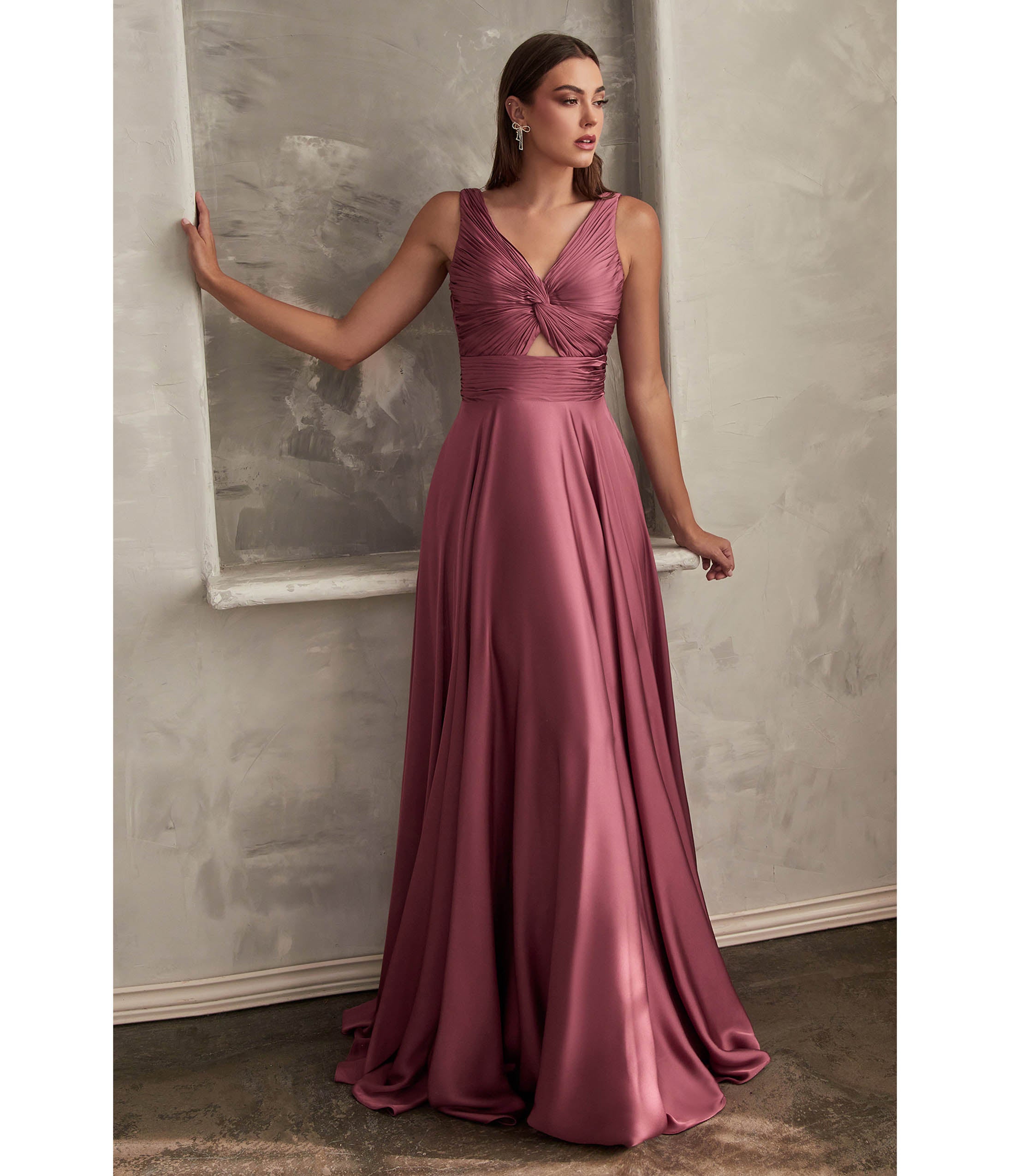 Ladivine by Cinderella Divine Mauve Rose Satin Ruched Knotted Keyhole Evening Gown