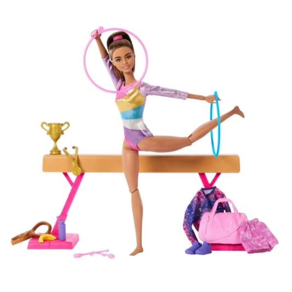 Mattel HRG53 Barbie Gymnastics Playset With Blonde Fashion Doll, Balance Beam, 10+ Accessories & Flip Feature