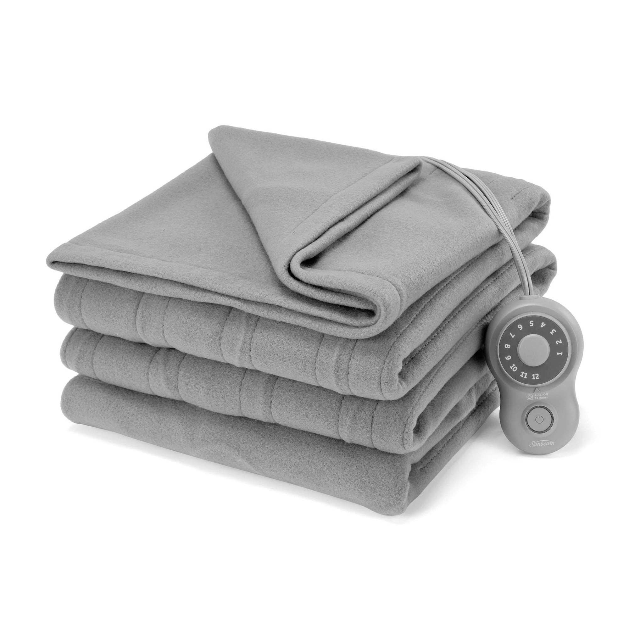 Sunbeam 13010 Twin Blanket Grey Fleece, 12 Heat Settings, Electric Heated Blanket with Controller, 84x62