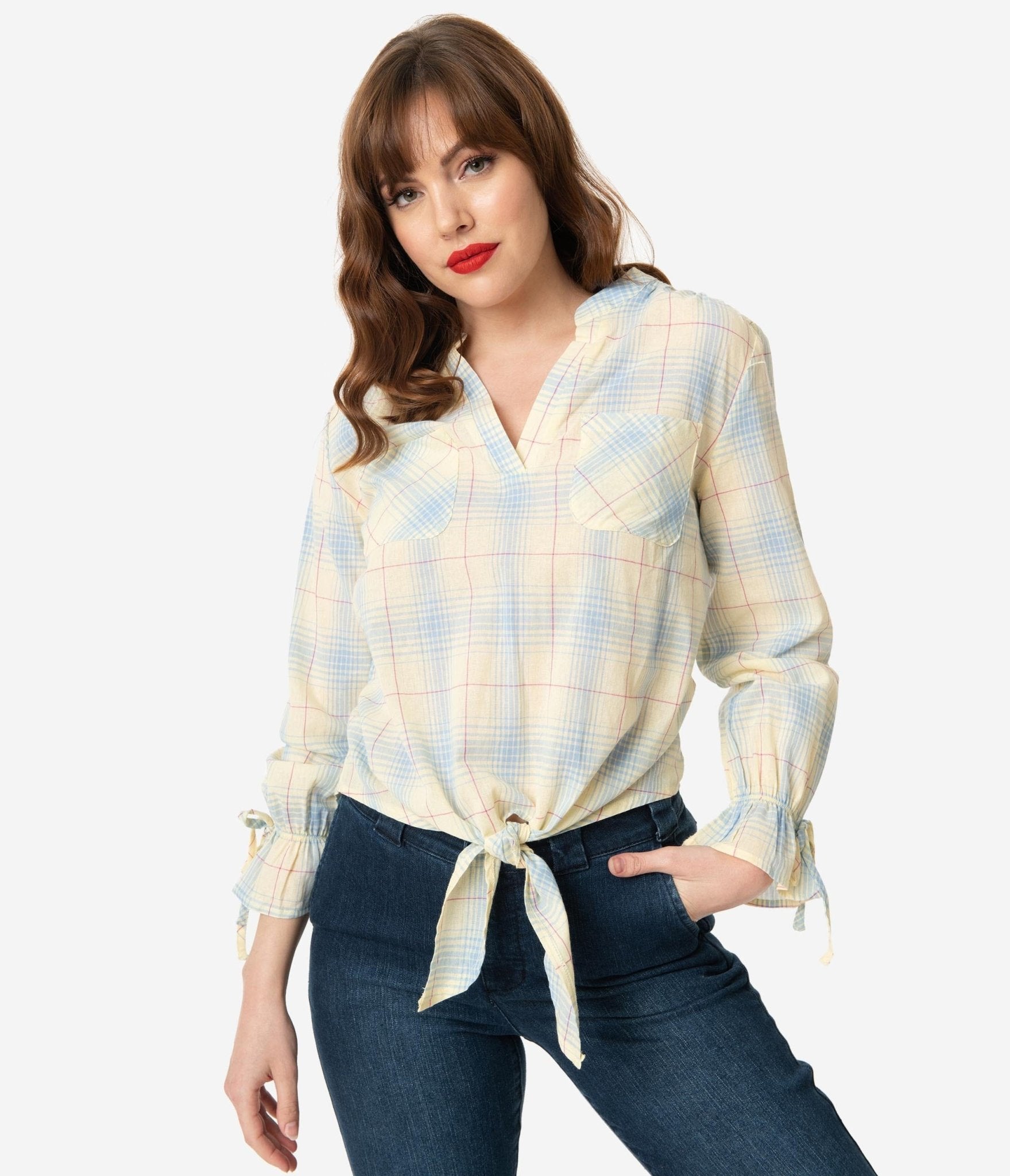 Lemon & Blue Plaid Front Tie Blouse