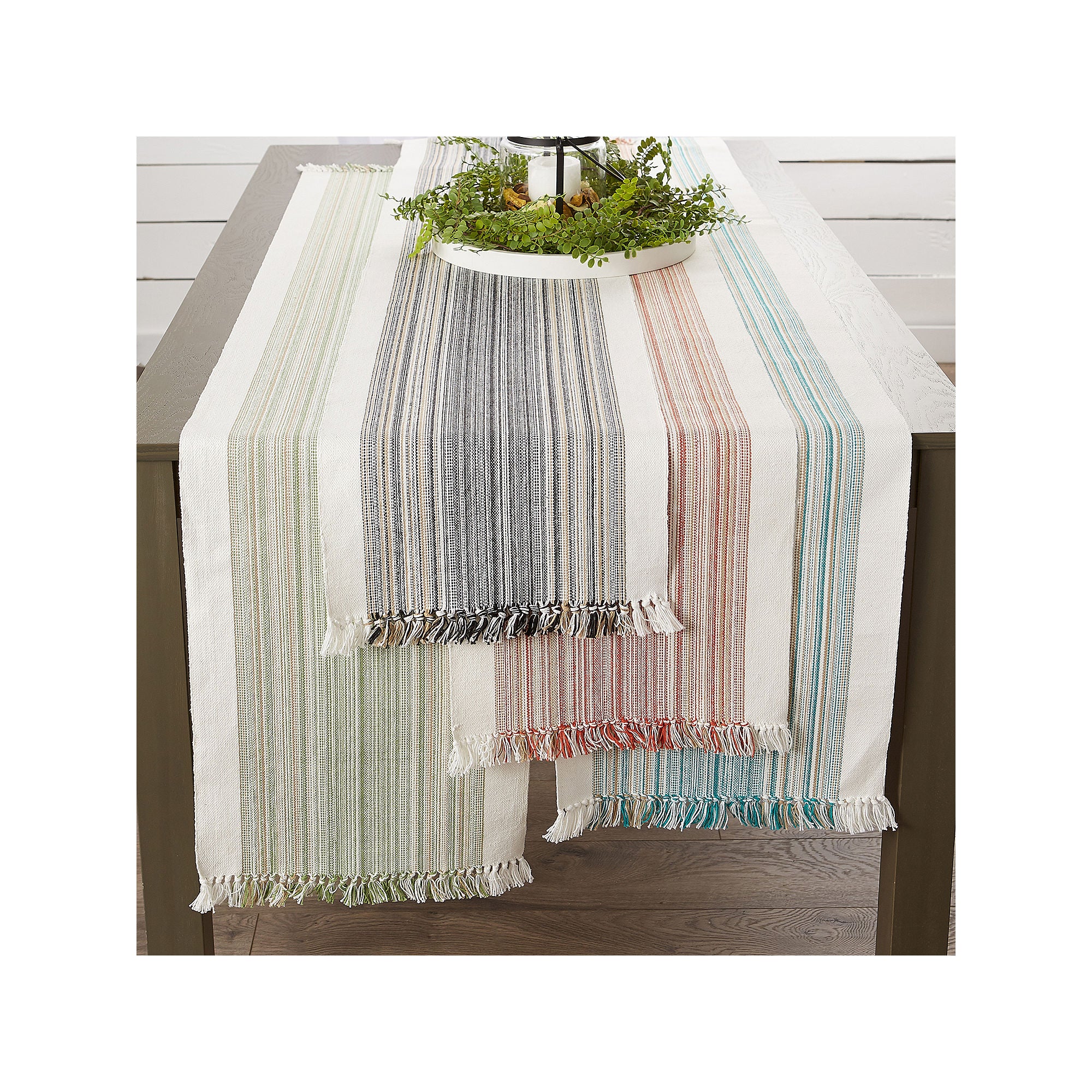 Design Imports Striped Fringe Ribbed Table Runner - Green TEAL ONE SIZE