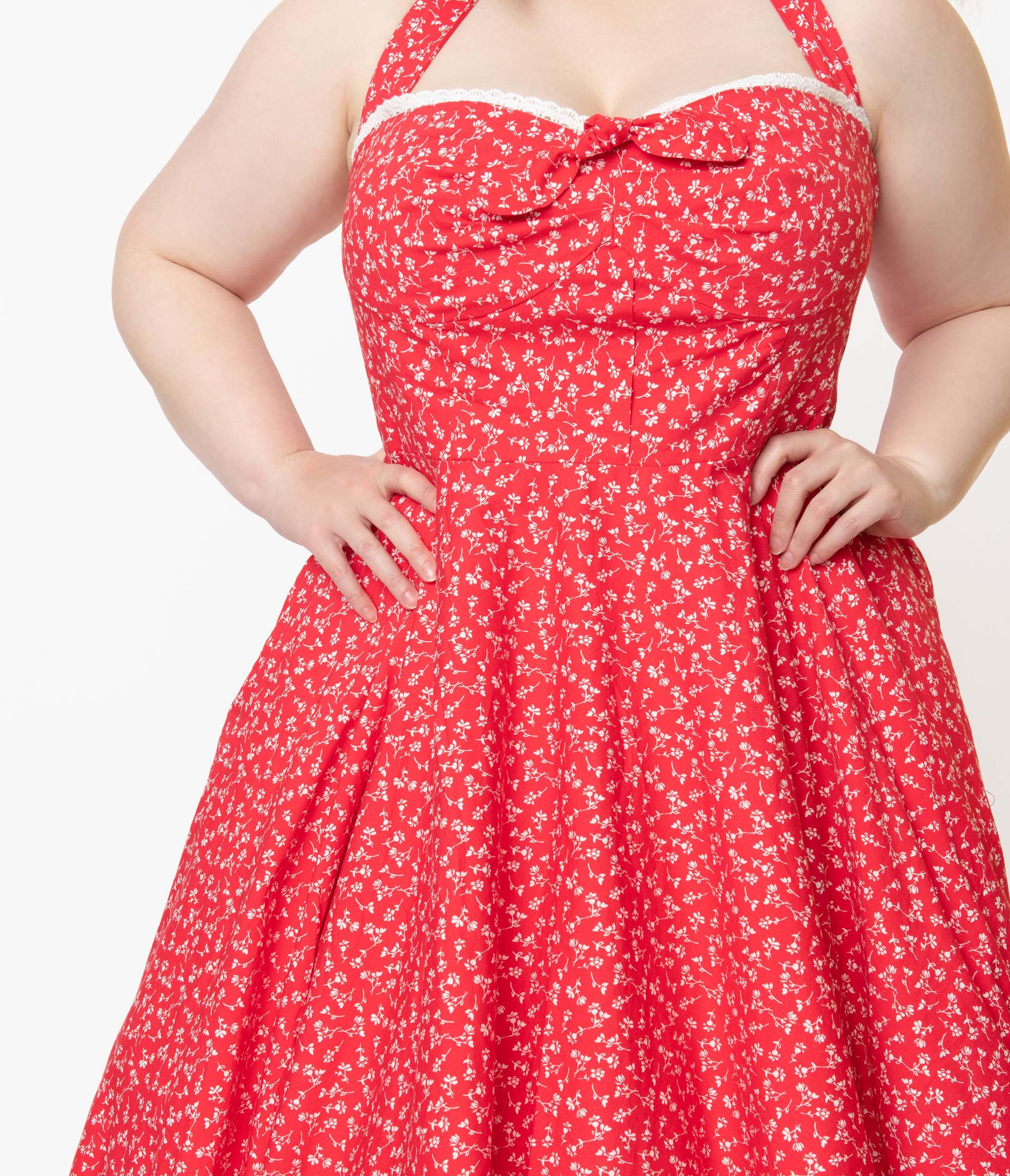 Plus Size Retro Red & White Floral Halter Kimberly Swing Dress