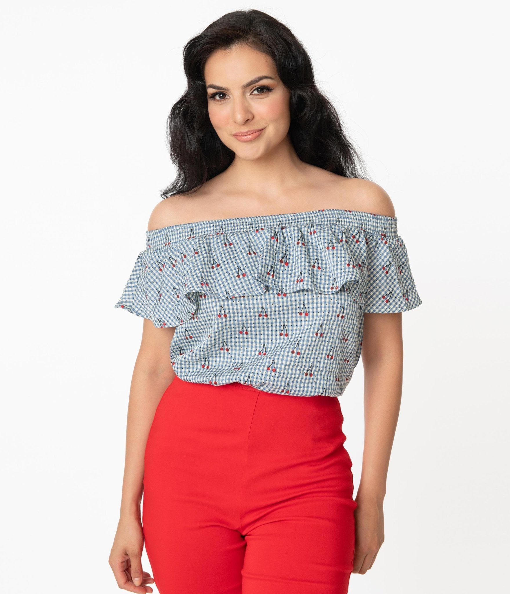 Unique Vintage Blue & White Gingham Cherry Print Luanne Top