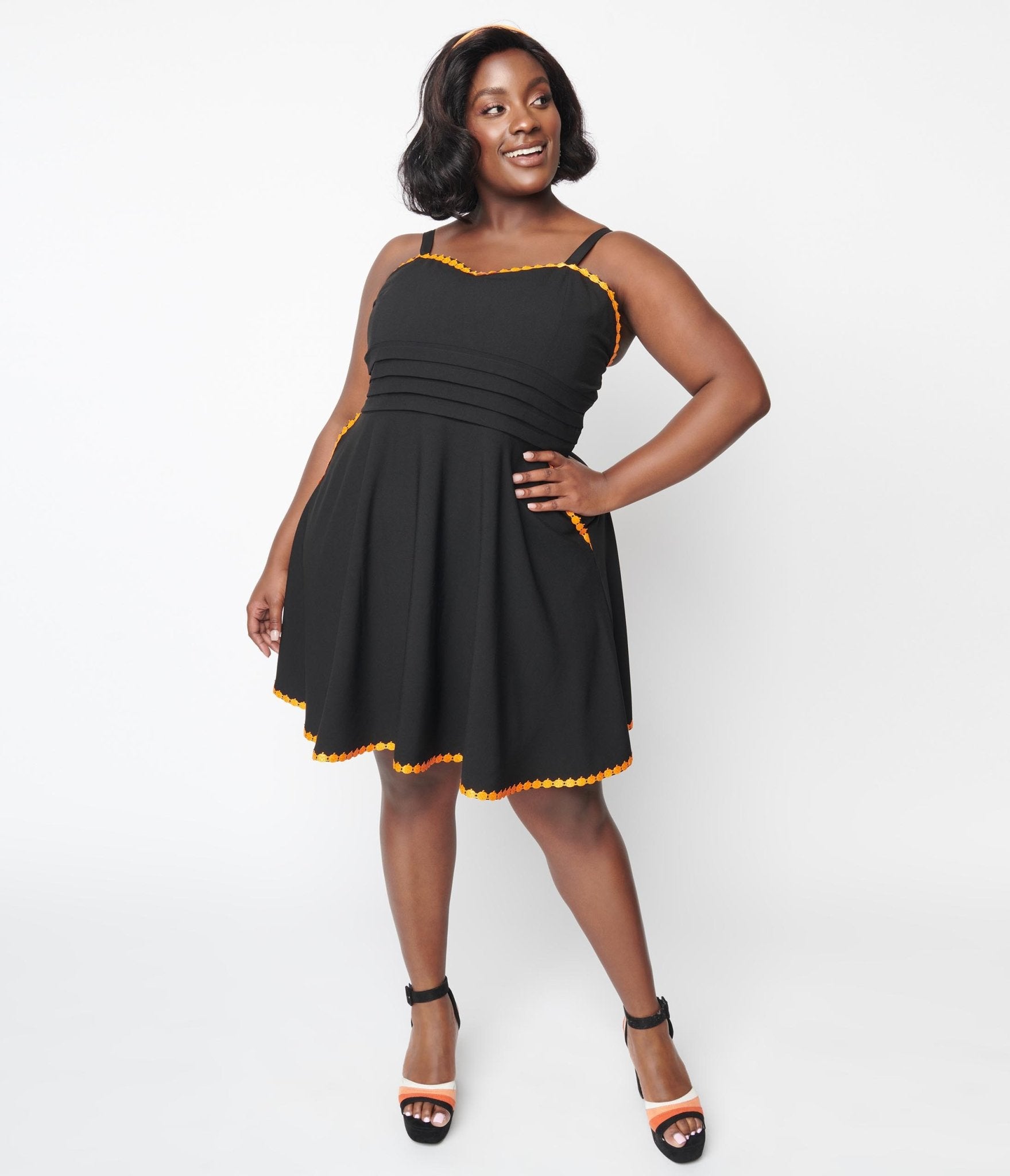 Unique Vintage Black & Pumpkin Trim Follow Your Heart Fit & Flare Dress