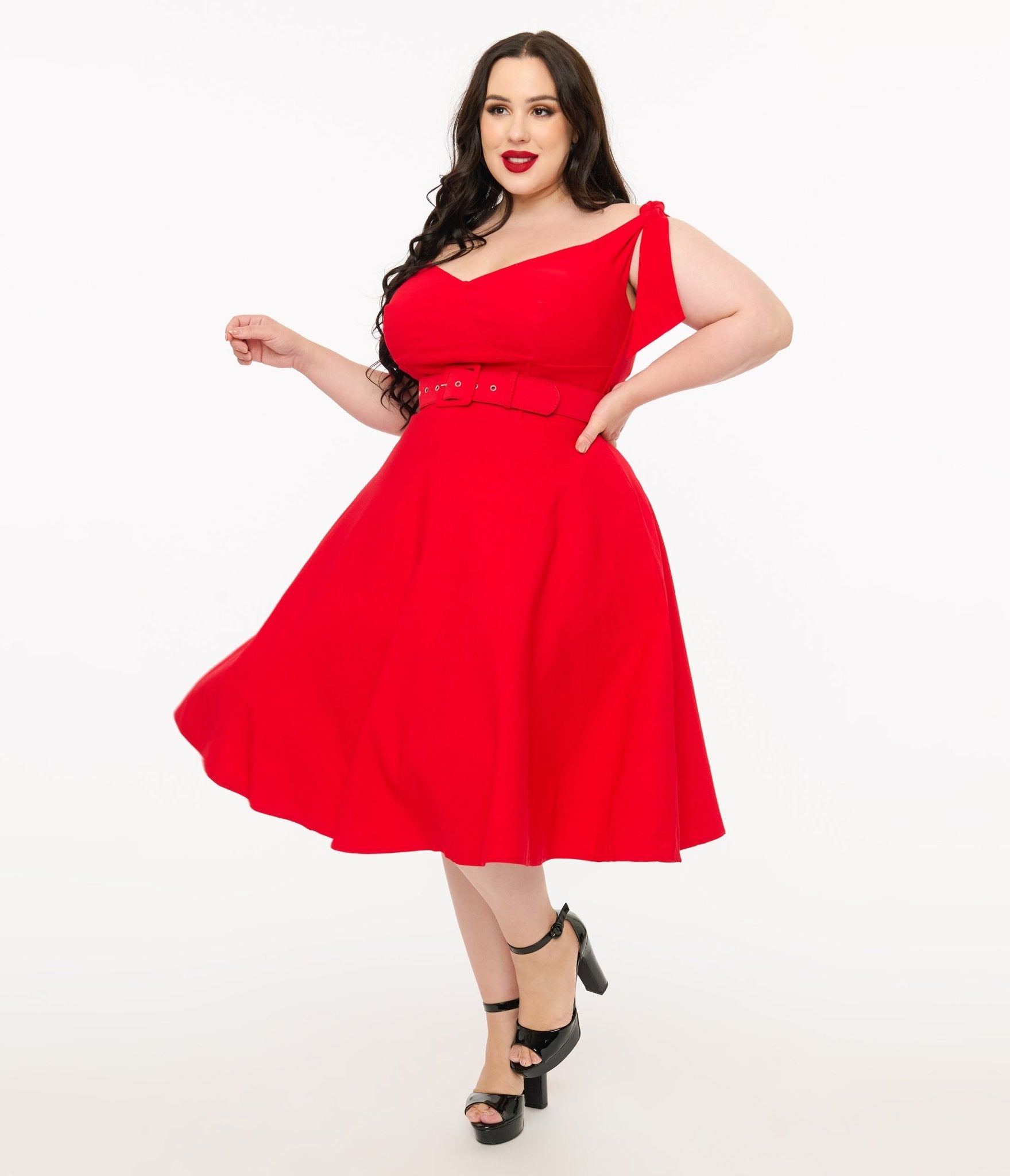 Unique Vintage Plus Size 1960s Red Off The Shoulder Swing Dress