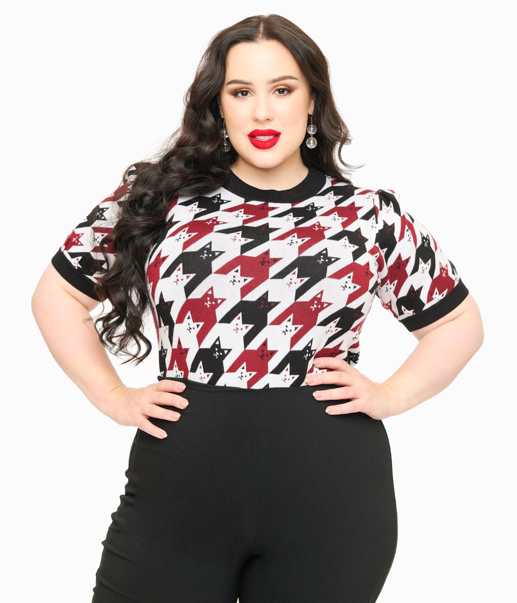 Unique Vintage Plus Size Burgundy & Black Cat Houndstooth Paige Sweater