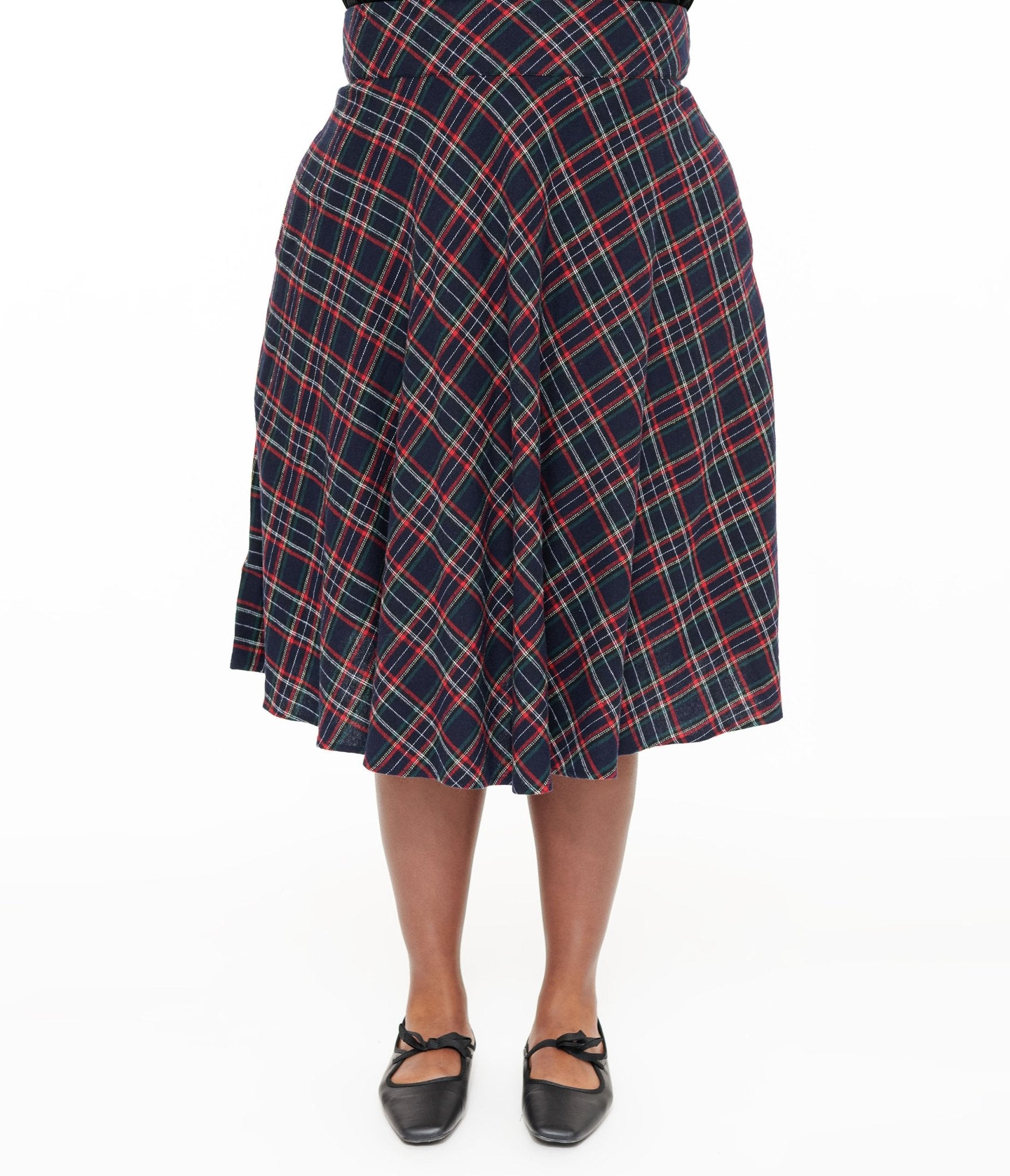 Unique Vintage Plus Size 1950s Navy & Green Plaid High Waist Vivien Swing Skirt