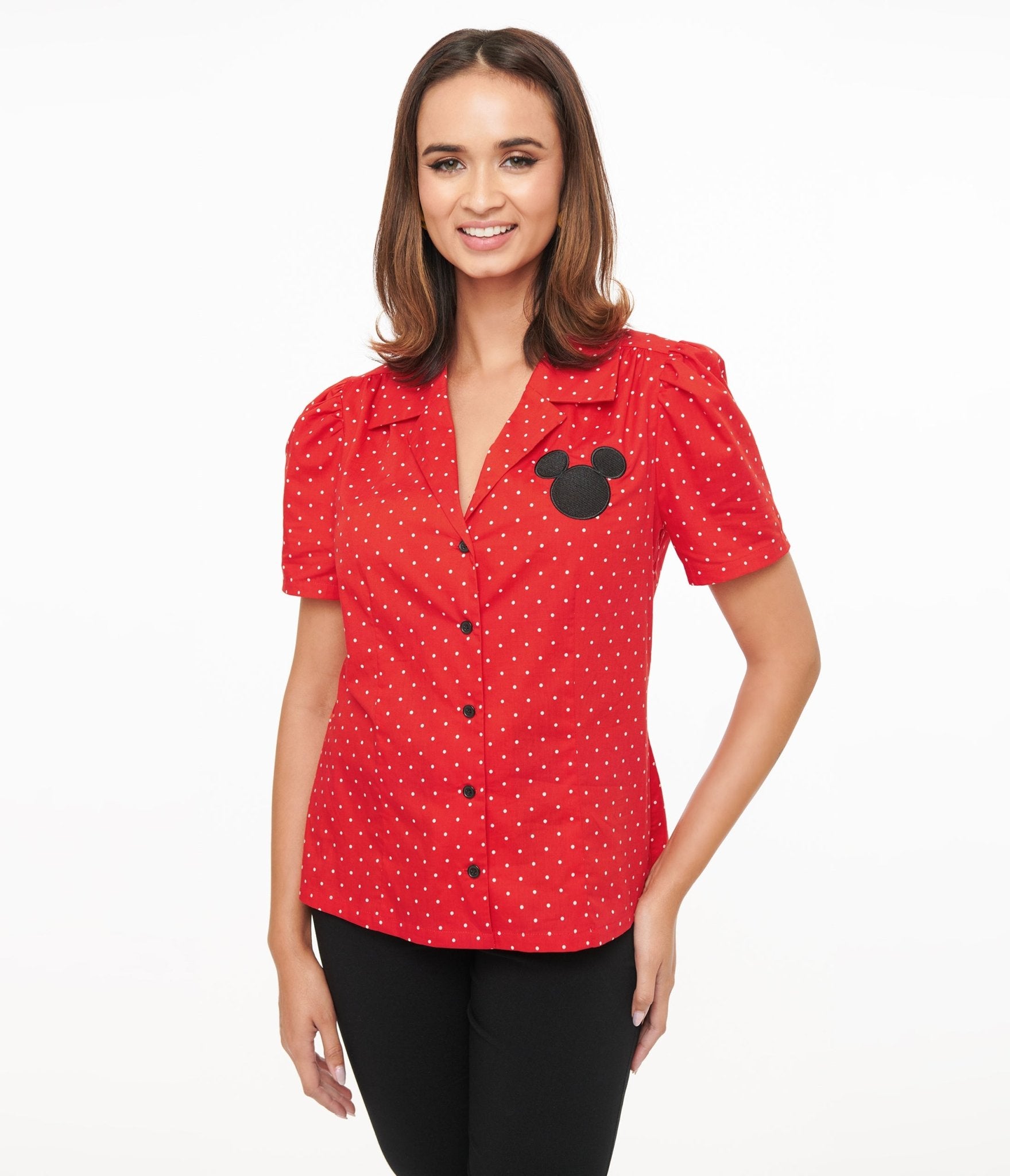 Disney Mickey & Friends Collection by Unique Vintage Red Pin Dot Mickey Mouse Silhouette Cotton Blouse