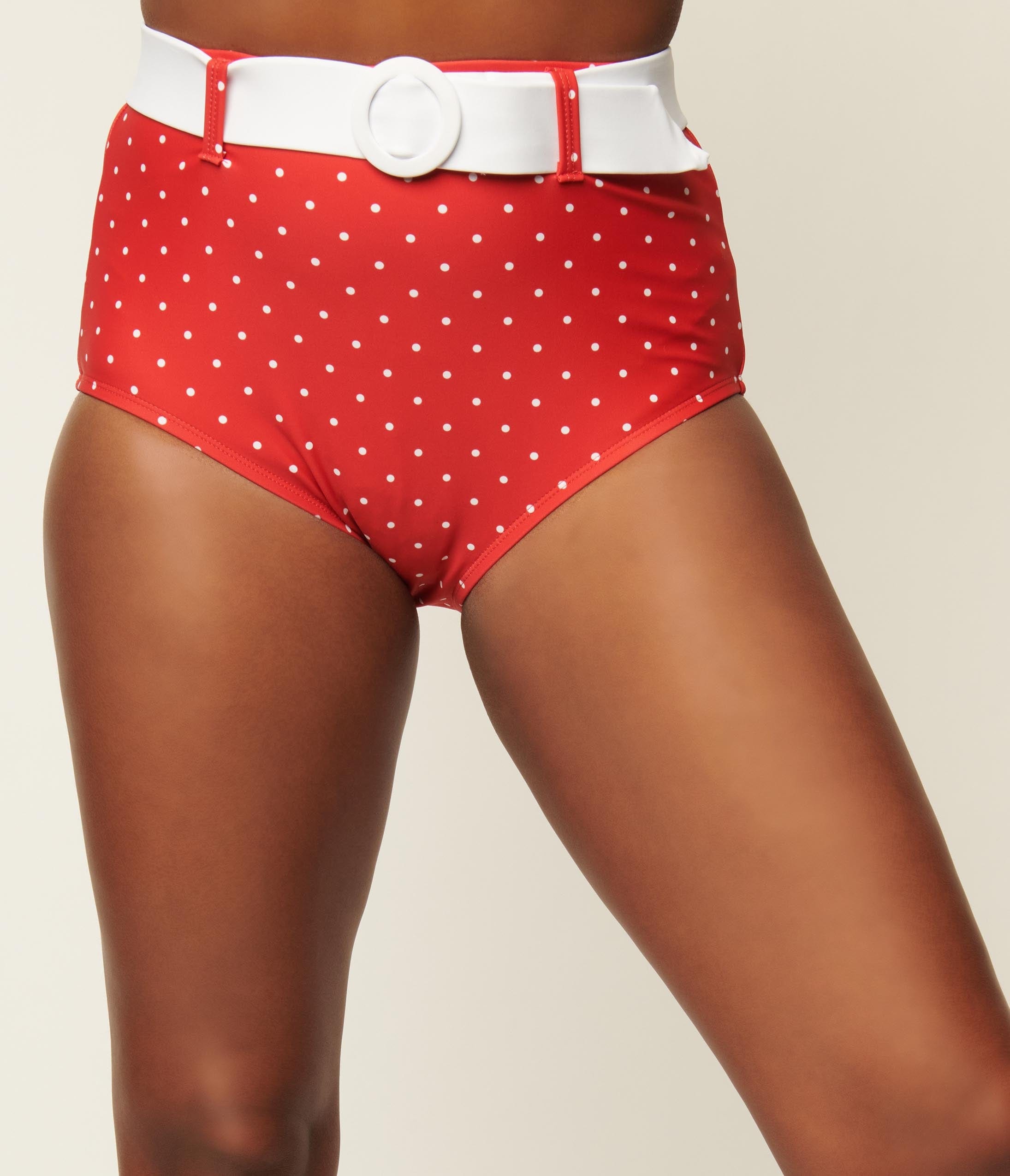 Unique Vintage Red & White Pin Dot Belted Redondo Swim Bottoms