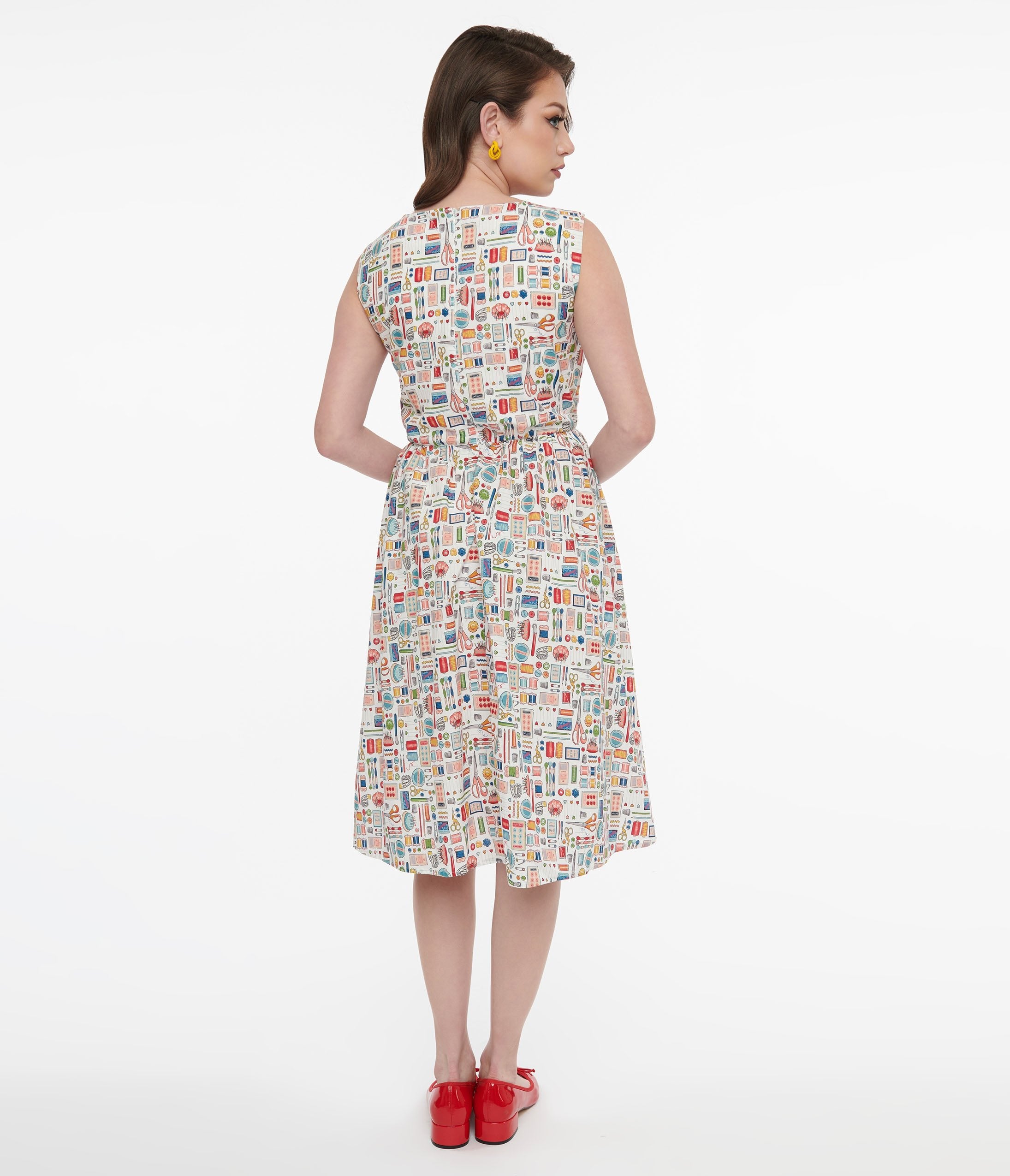 1950s White Sewing Print Cotton Swing Dress