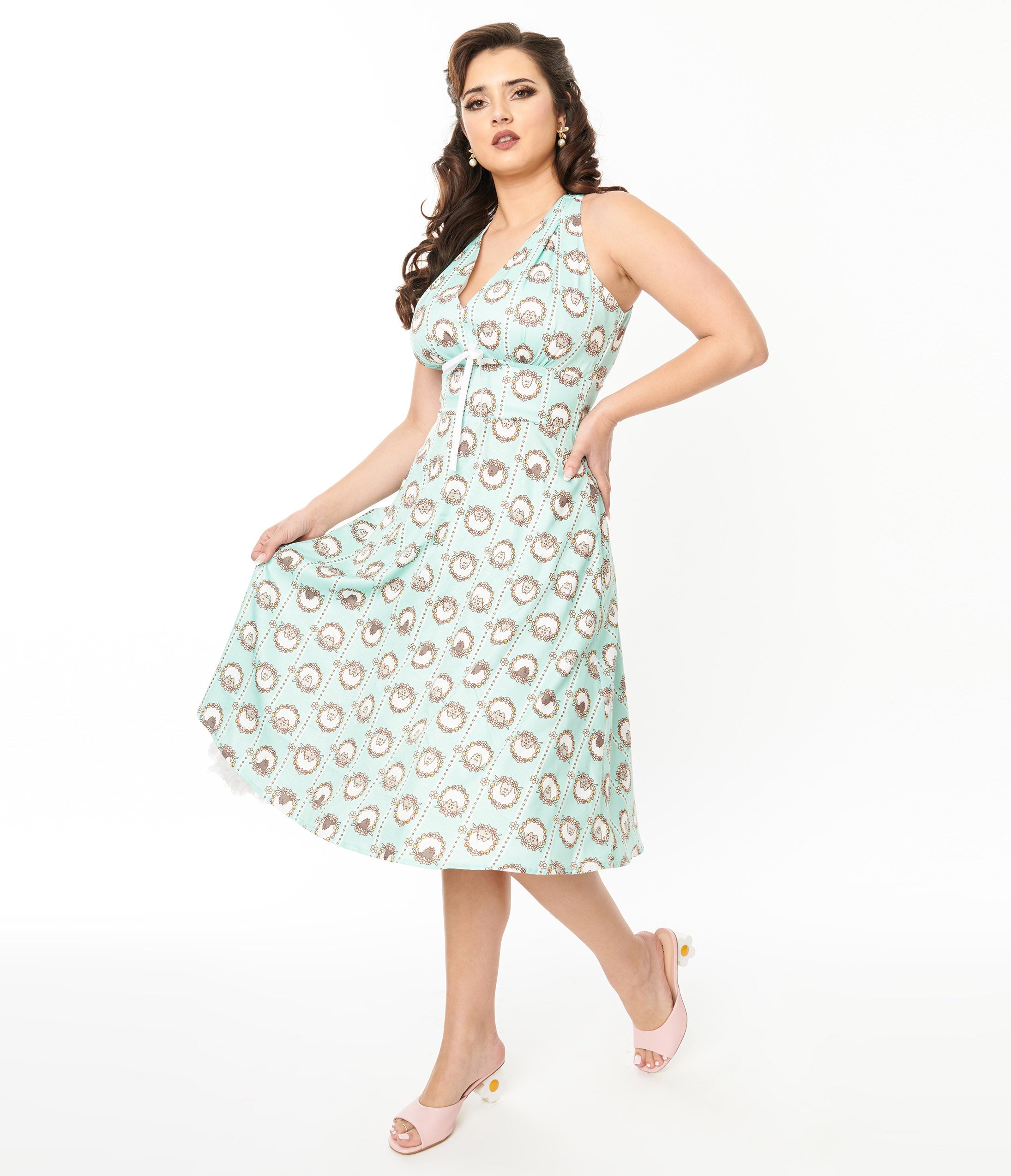 Pusheen x Unique Vintage Teal Pusheen Floral Frame Print Halter Swing Dress