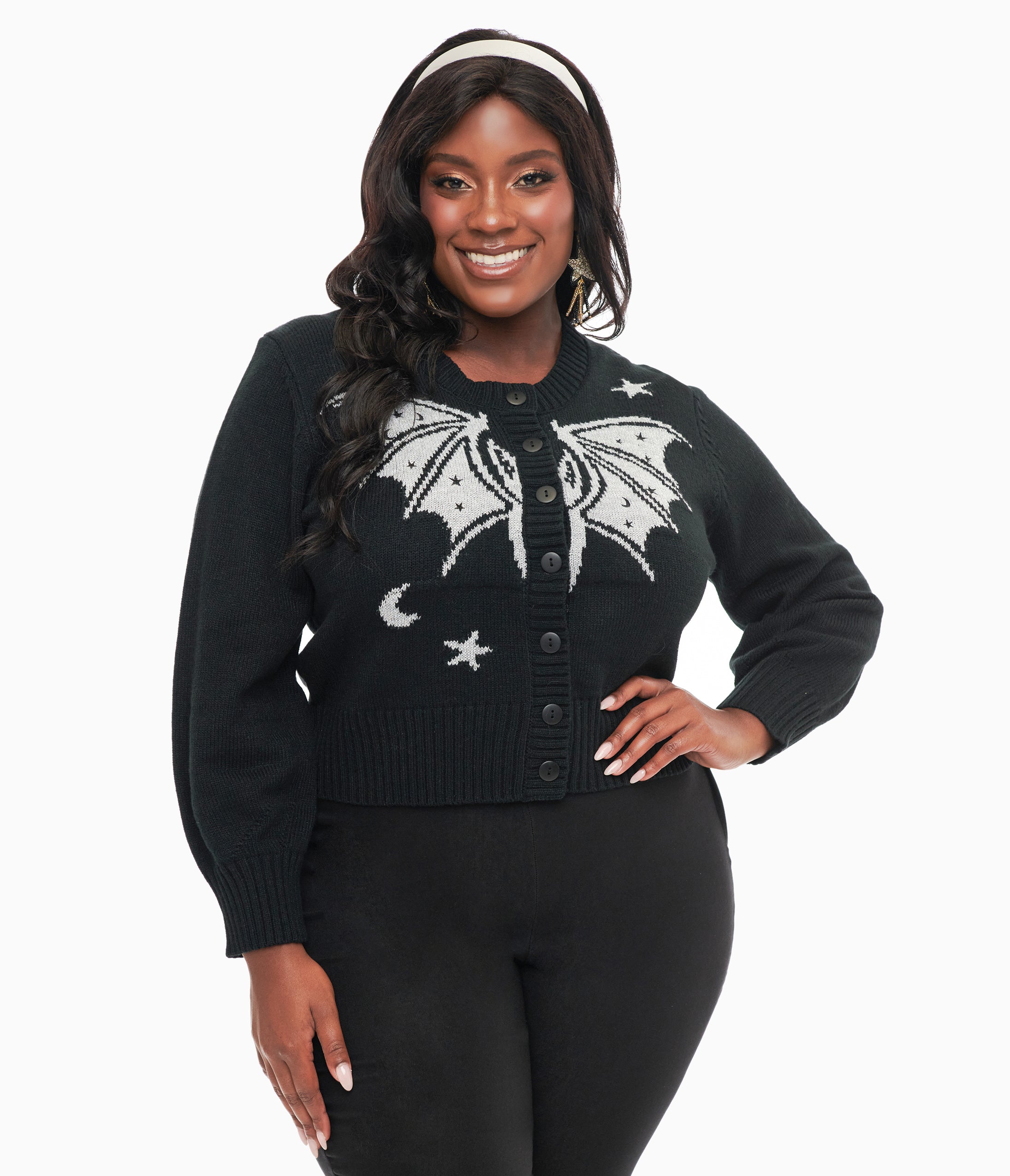 Unique Vintage Plus Size 1950s Black & Silver Bat Cropped Cardigan