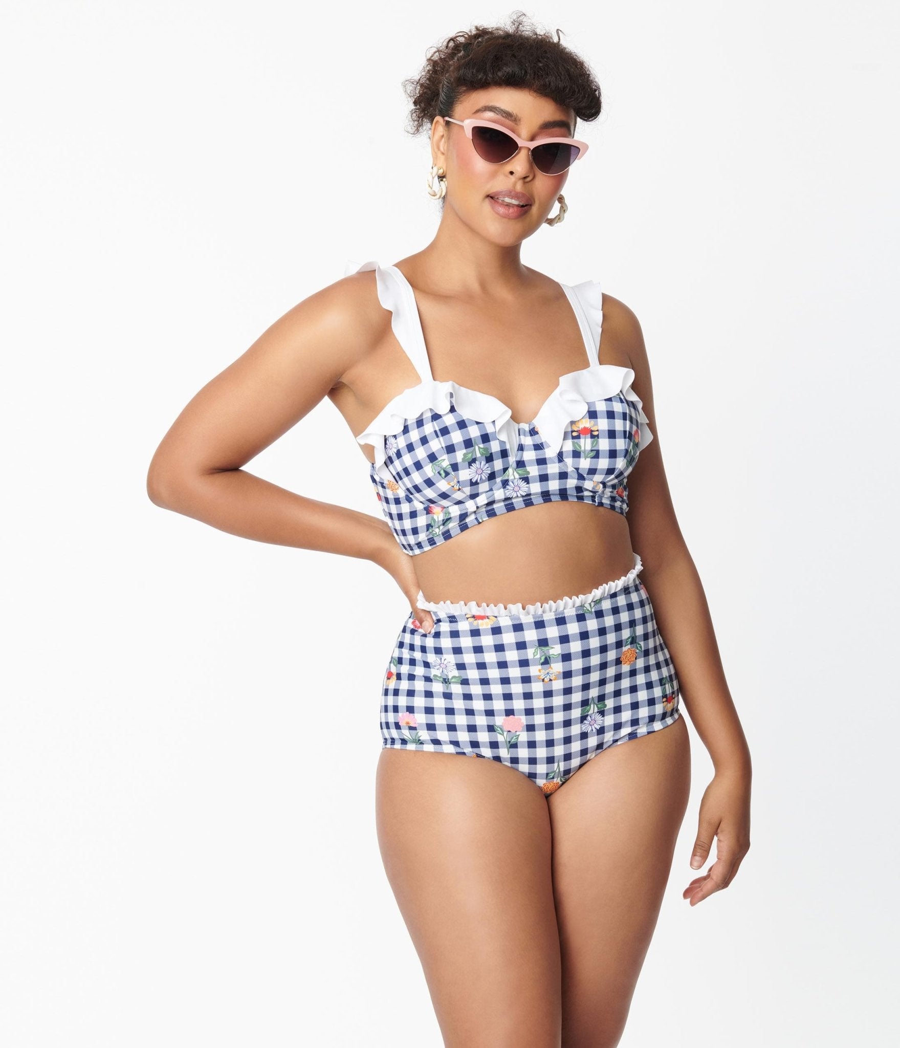 Unique Vintage Navy Gingham & Floral Southampton Swim Top