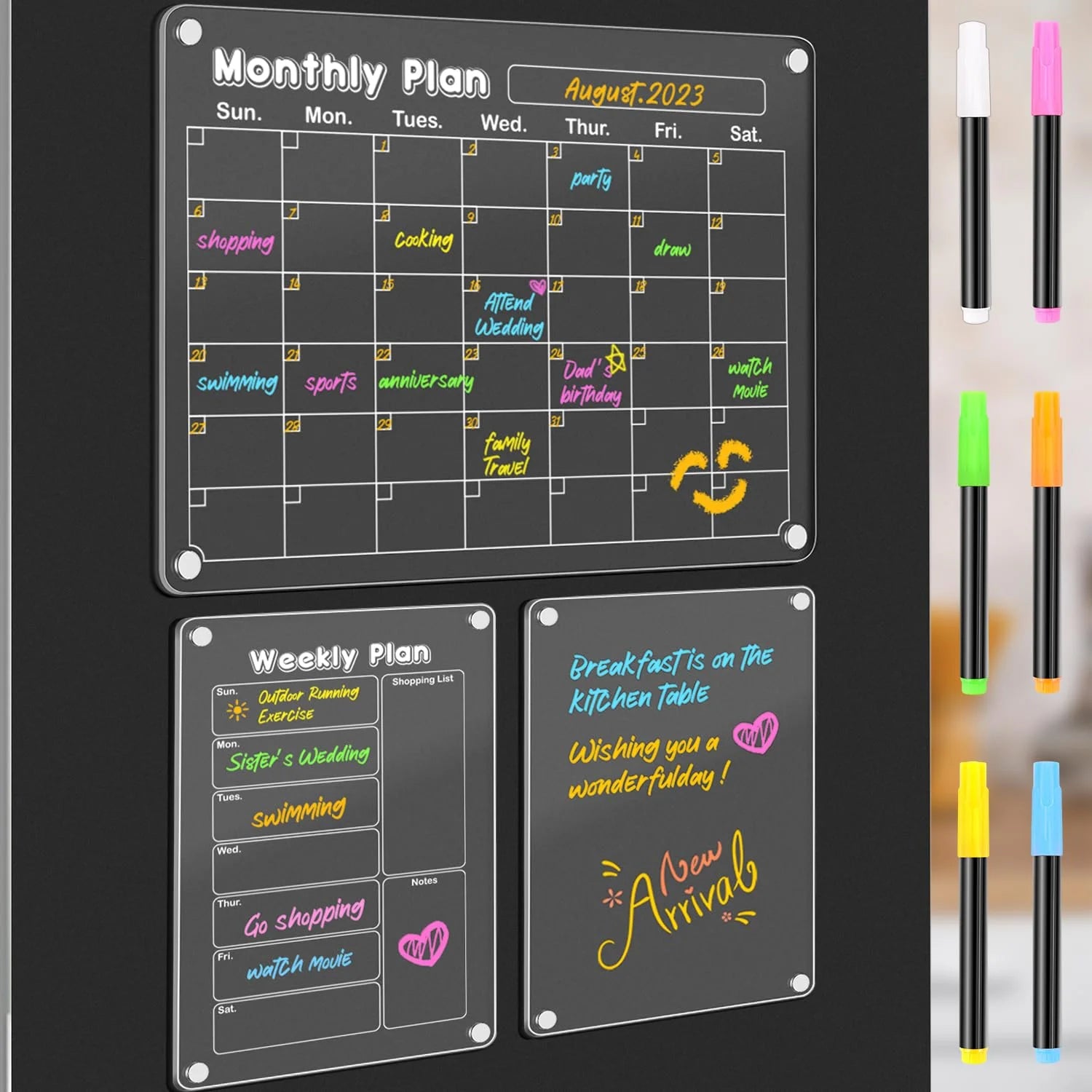 DIYMAG 3Pack Acrylic Magnetic Dry Erase Calendar for Fridge, Clear Acrylic Calendar Planning Board Set Magnetic Weekly Monthly Planner Memo Board for Refrigerator with 6 Highlight